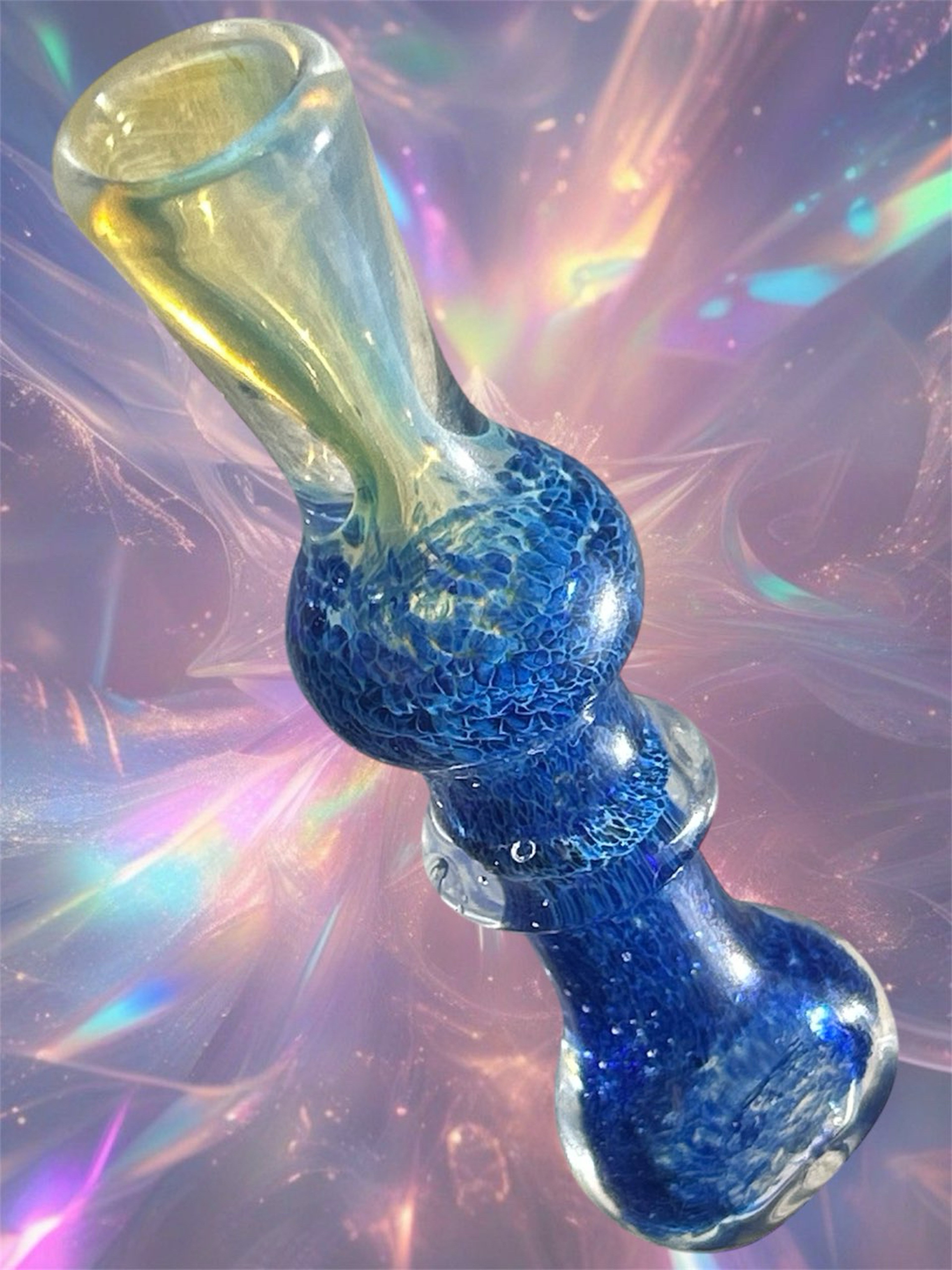 Preview pic of Blue & Yellow Aura Coated Dichroic Iridescent Chillum