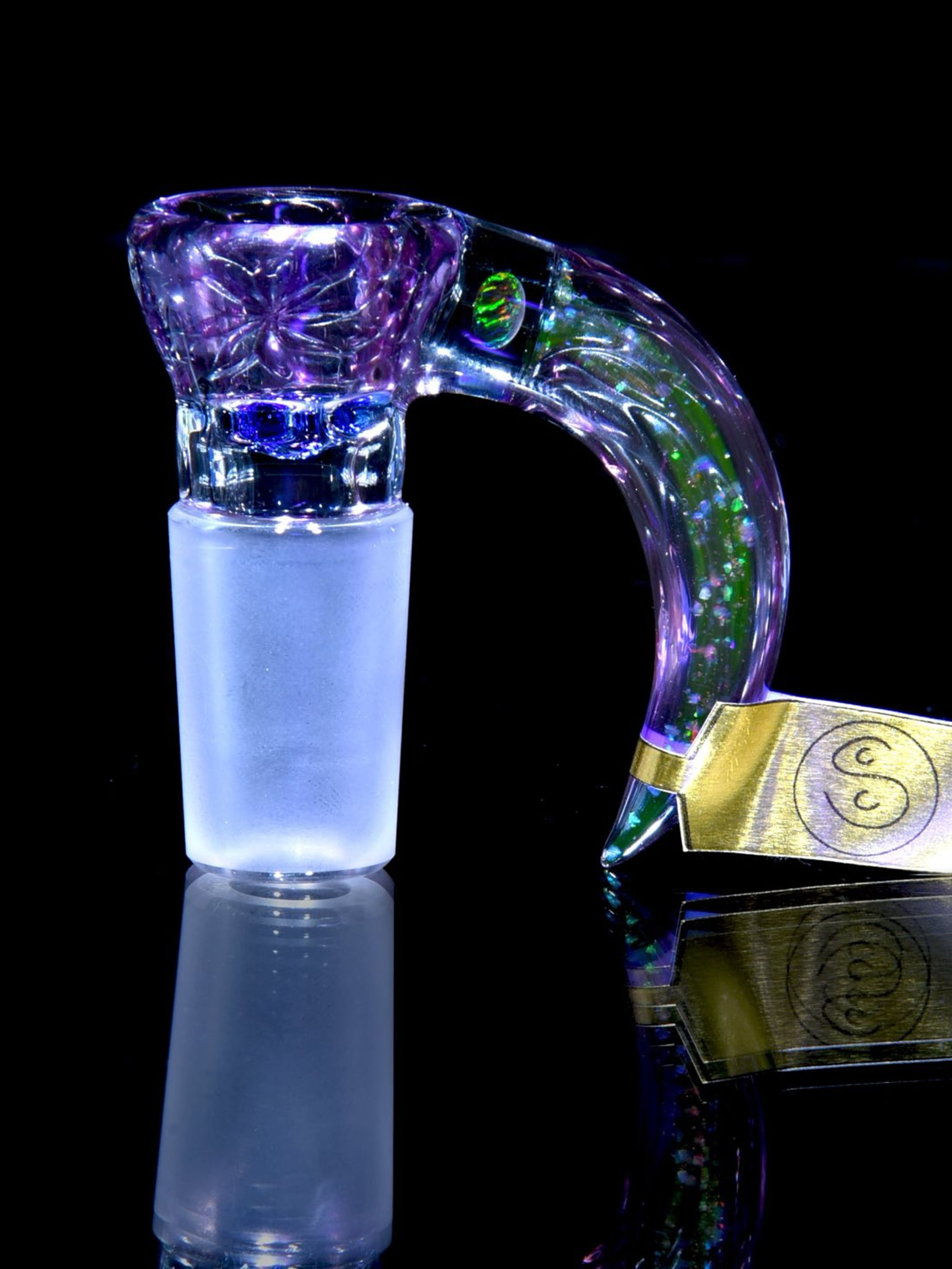 Preview pic of Sovereignty - Worked 4-hole Horned Slide by Steve C - Electrum/Royal Jelly Honeycomb with UV Crushed Opal Horn - 18mm Male