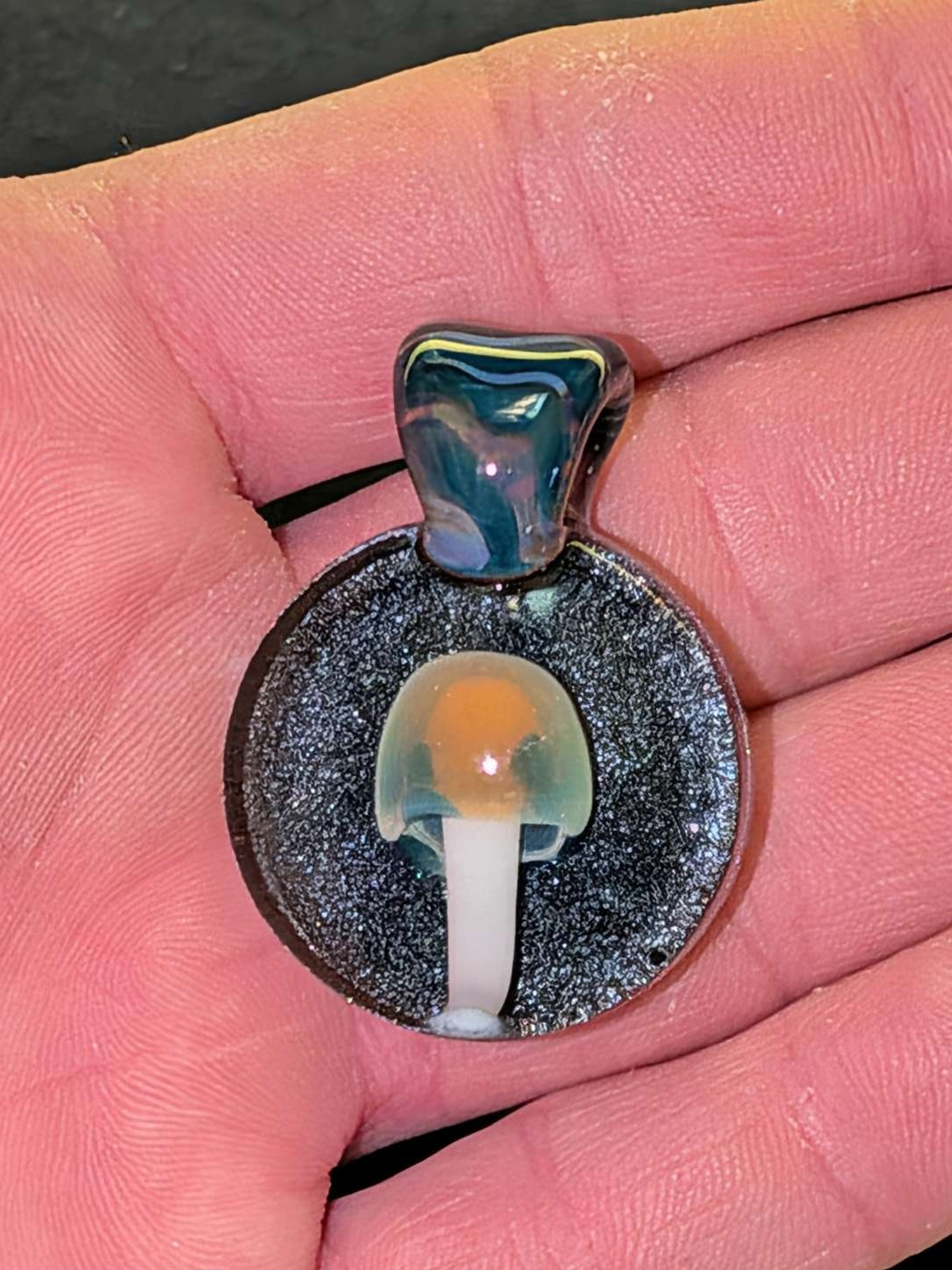 Mushroom pendant with steel wool backing, amber purple/blue spruce eyelit image 0