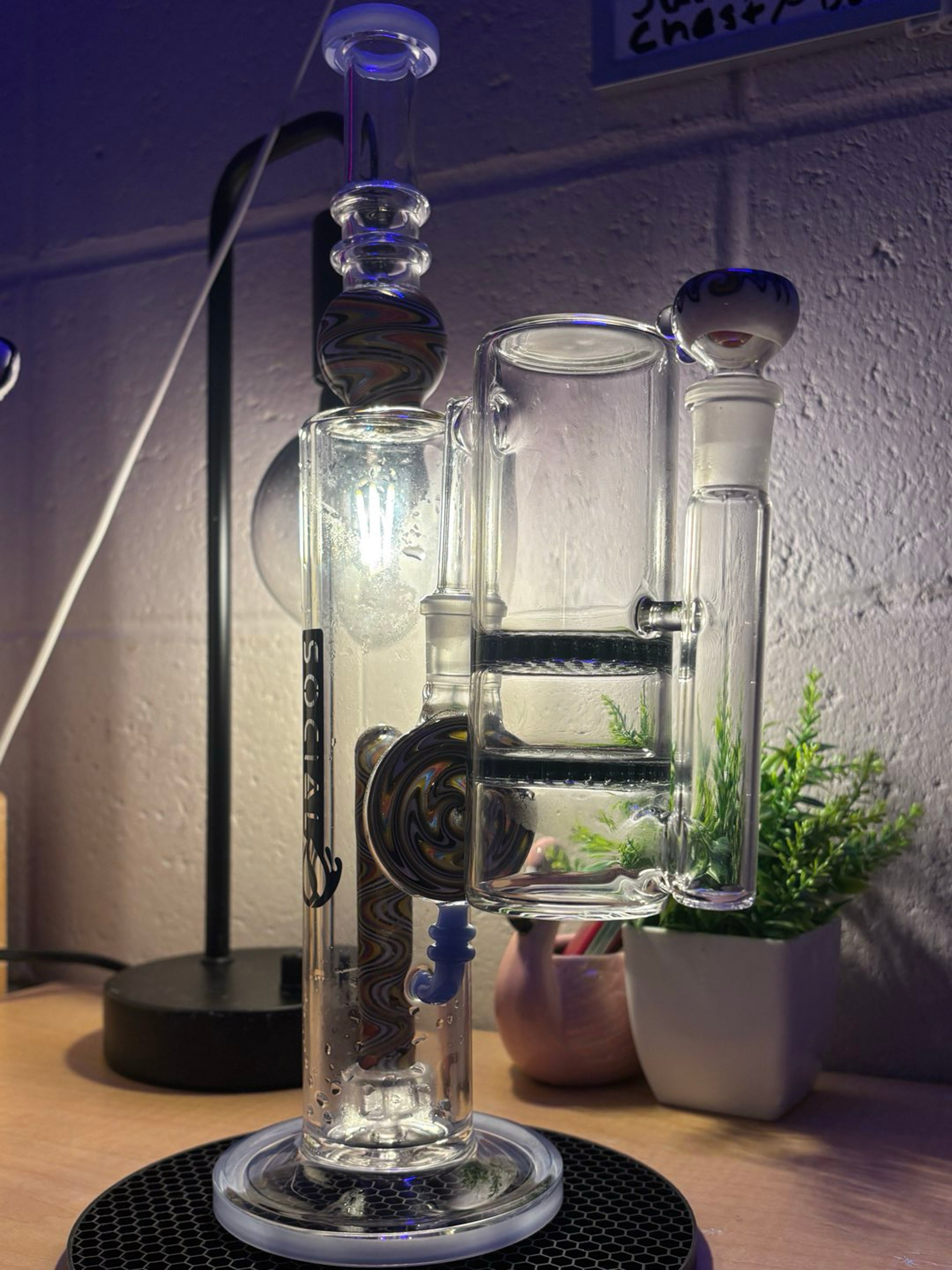 Preview pic of SOC Glass Worked Straight Tube + Double Honeycomb Ash Catcher + Matching Wig Wag Bowl – Like New