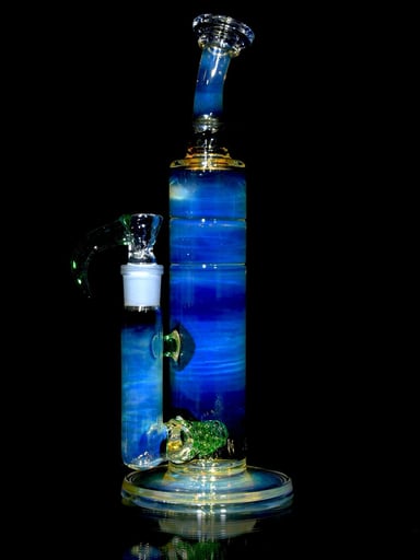 Preview pic of Fluid Glass - Fully-fumed & Accented Short Stack Stemline Tube w/ 3-hole Horned Slide - Kryptonite - 18mm Female