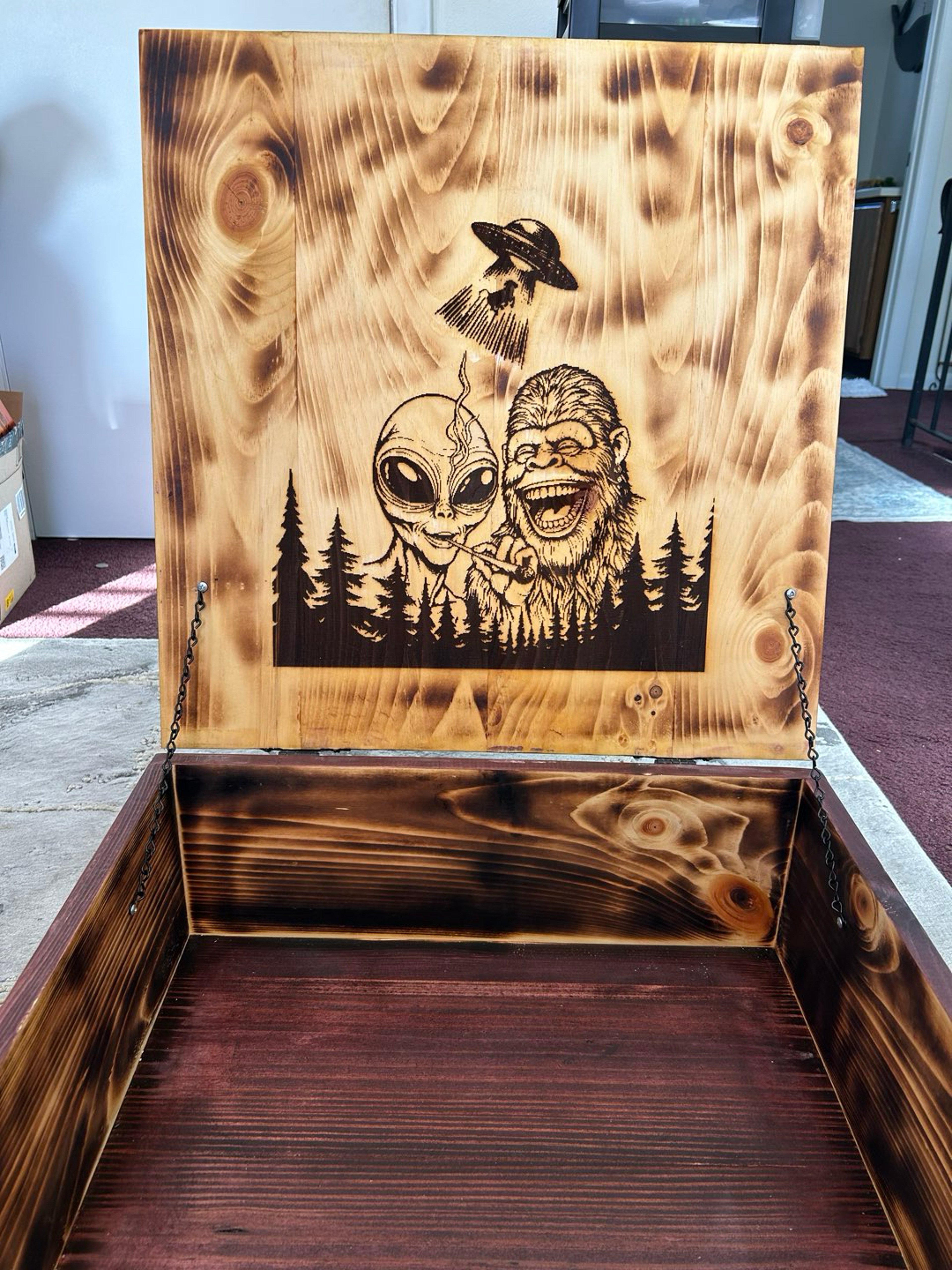 Preview pic of One-of-a-Kind Handmade Wooden Stash Box / Storage Chest – Custom Burned Artwork – 23” Collector Piece