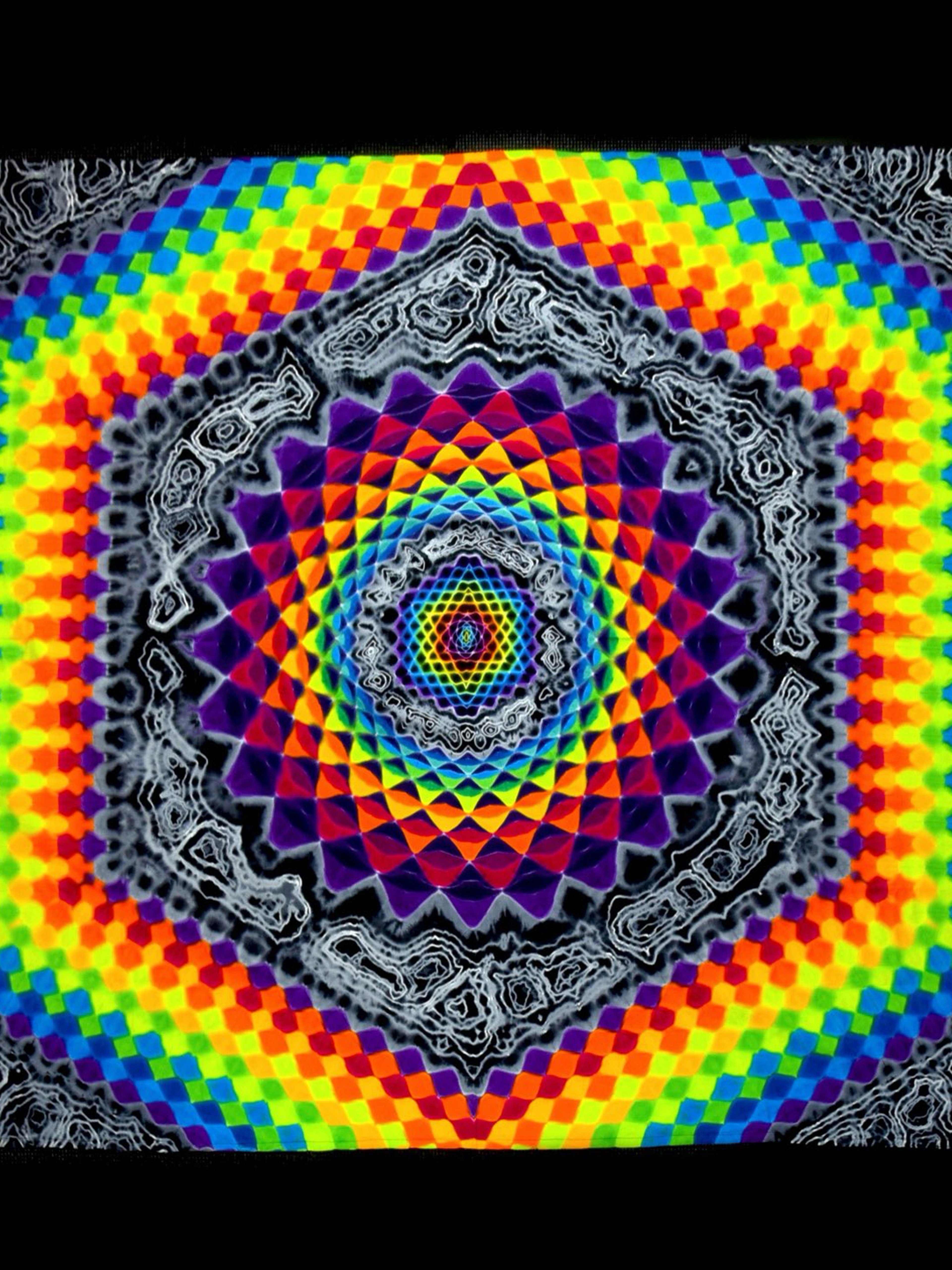 Preview pic of Justin Biffer - “Quantum Jailbird” 54" x 48" Tie Dye Tapestry w/ Tie Loops - Rainbow Honeycomb & Mandala w/ Geodes