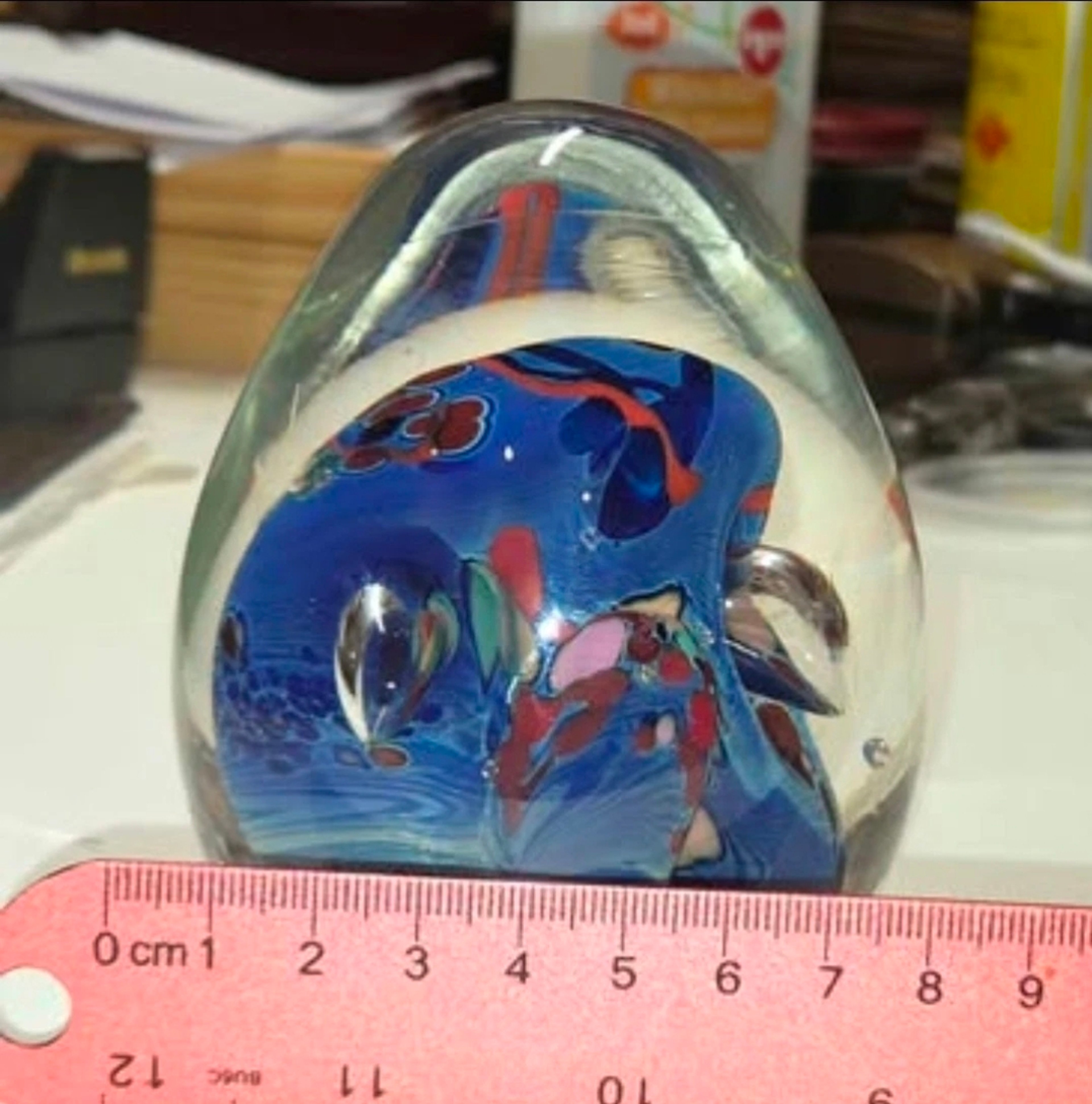 Preview pic of Rollin Karg Studio Signed Dichroic Art Glass Egg Shaped Paperweight ~4.5''