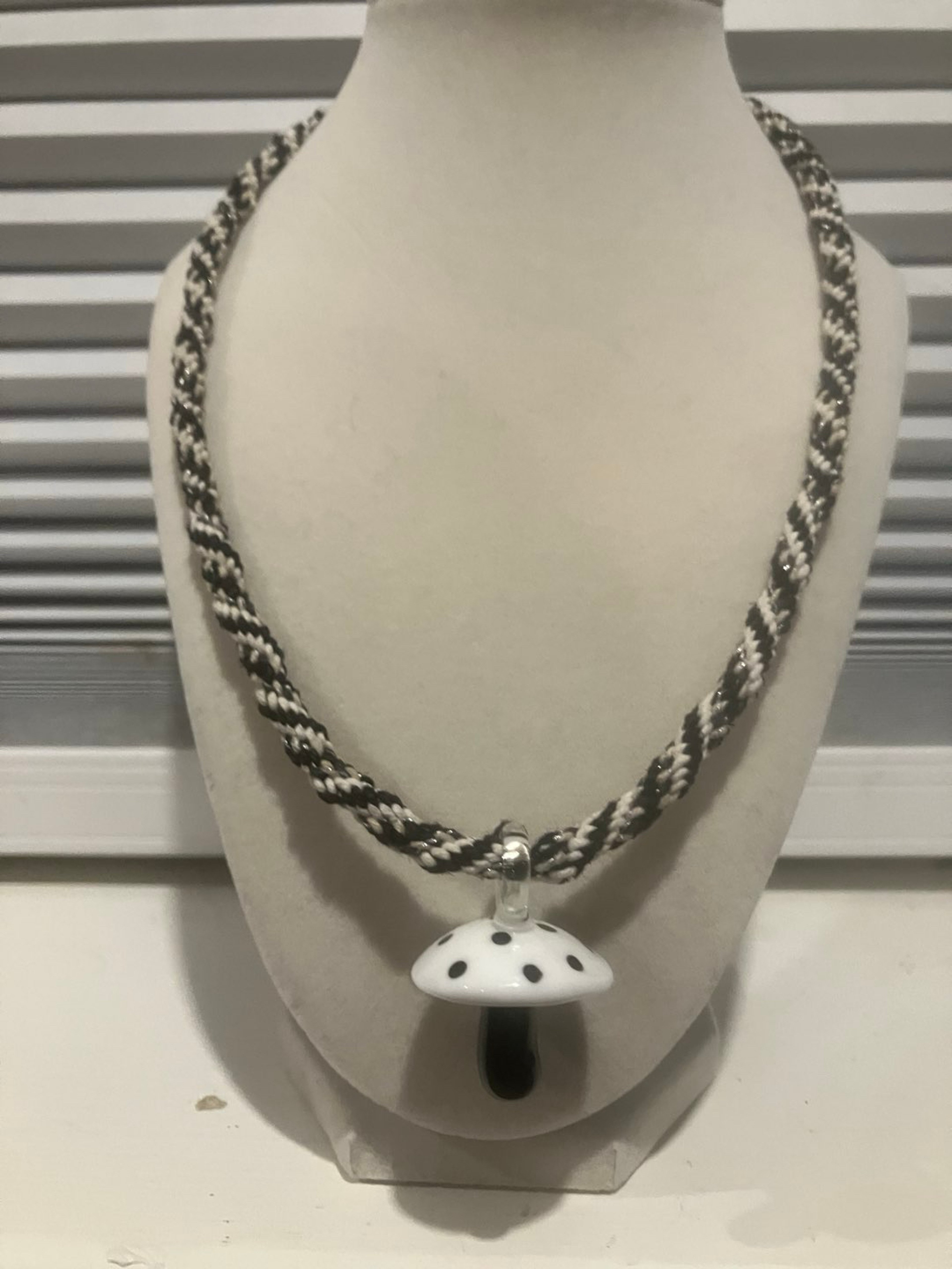 Preview pic of Hemo Woven Glass Mushroom Pendant Necklace 21.5inches