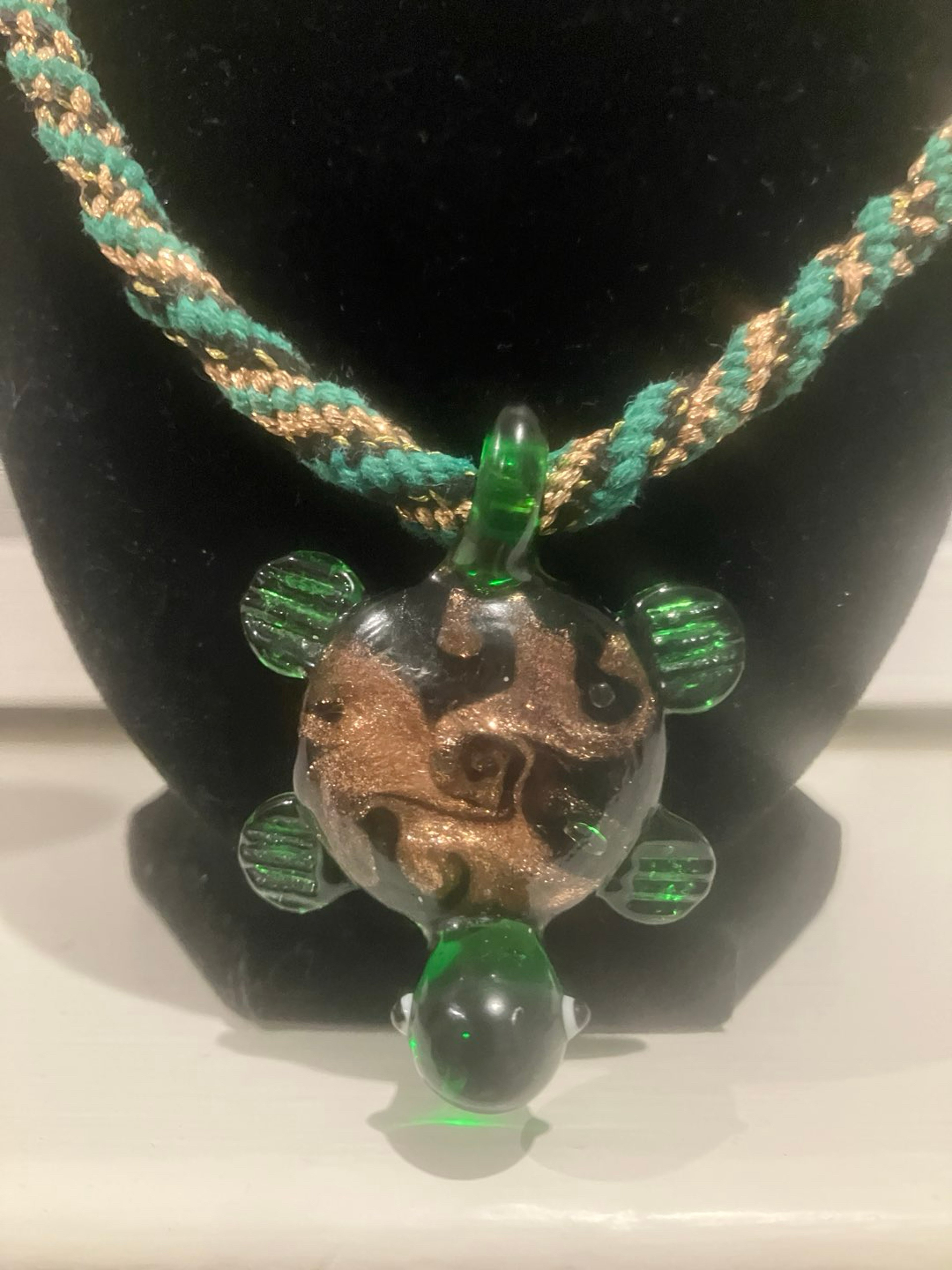 Preview pic of Green Hemp Woven Glass Turtle Pendant Necklace