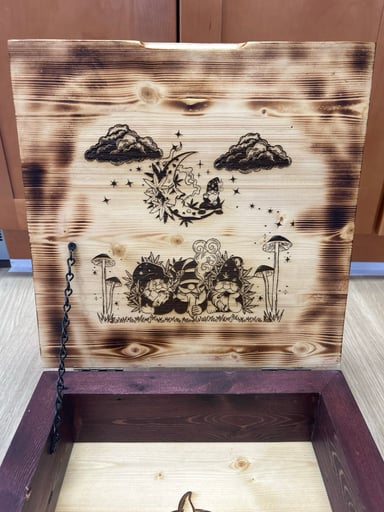 Preview pic of Large Handmade Burned Wood Stash Box – Gnome Engraved Storage Chest – One of a Kind