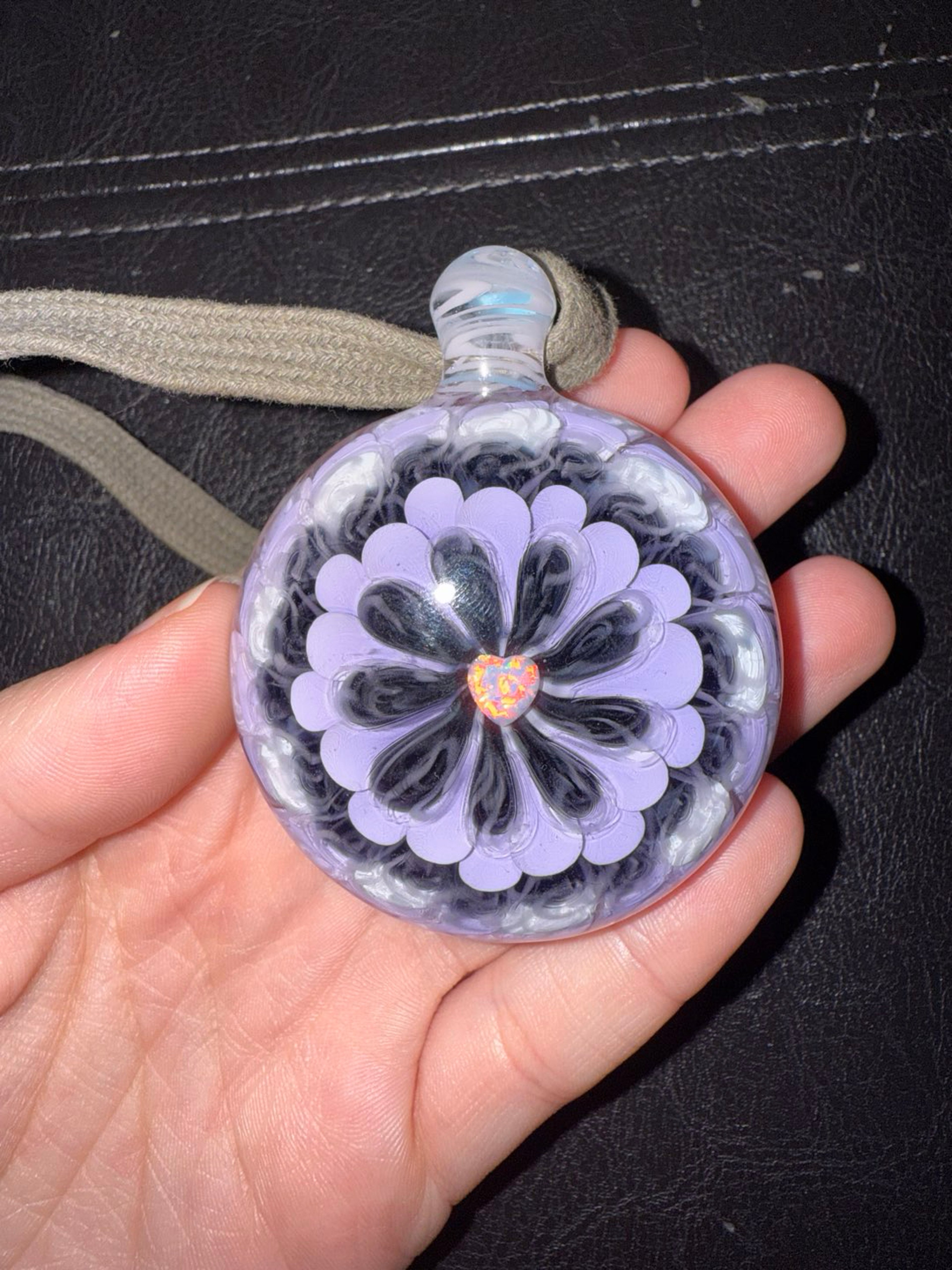 Preview pic of 2018 Sap Glass "Double Opal" Heart Pendant – Fumed Honeycomb Implosion – Signed