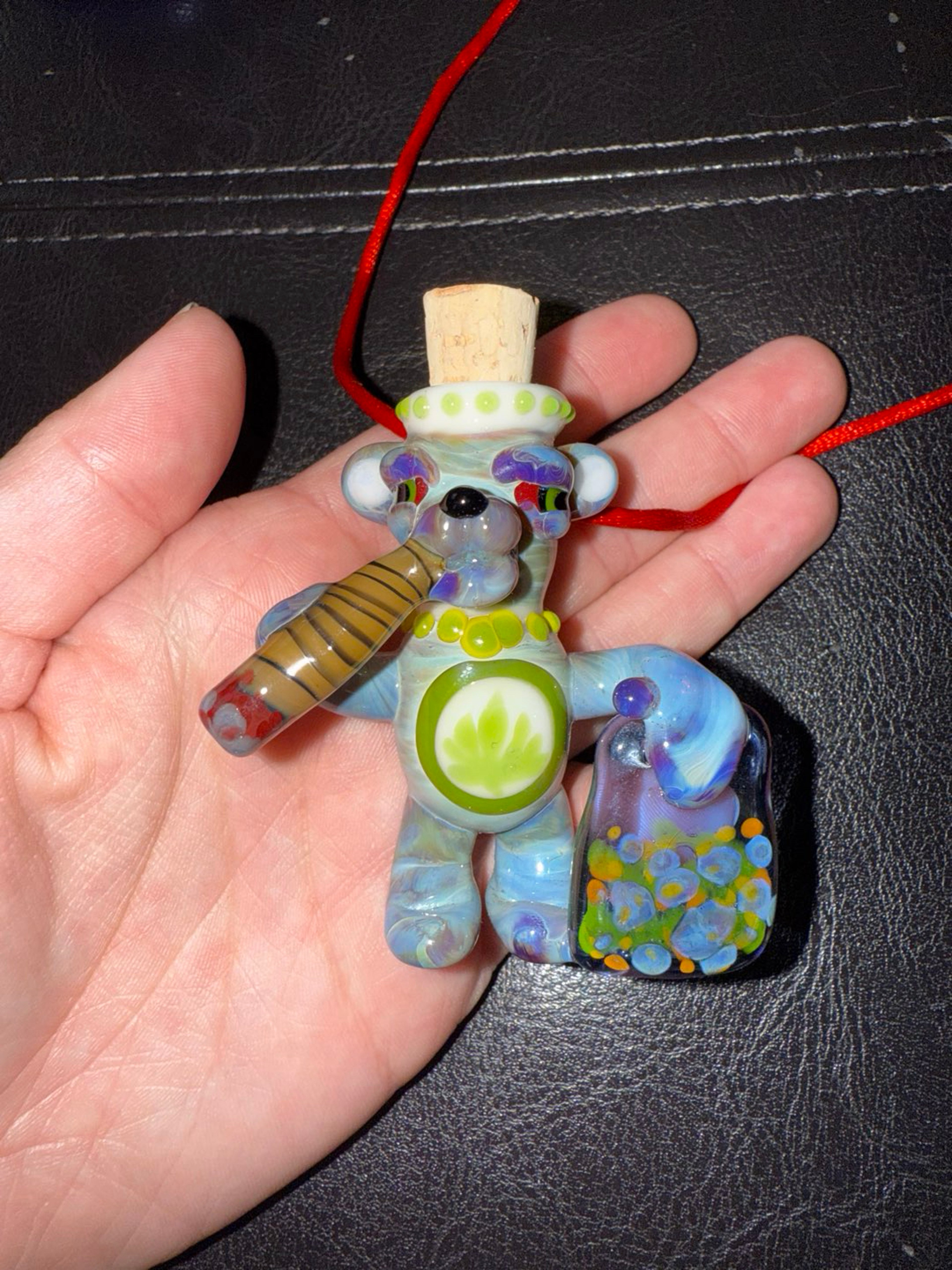 Preview pic of 2018 Glyph Glass "Grizzly Bear" Bottle Pendant – Signed – Heady Sculptural Glass