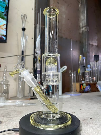 Preview pic of 10.25” tall,14mm 2 holes slide, 8 arm perc, gridded steam,plasma cfl color