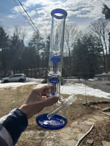 Preview pic of Double Perc Beaker Glass Water Pipe – Blue Accents – Mint Condition – Includes Slide & Bowl