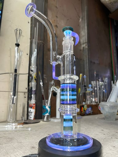 Preview pic of 14” tall 14mm 3 holes slide, gridded steam, ghost , pink slyme and ultramarina color