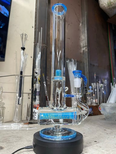 Preview pic of 16.5” tall, 18mm 4 holes slide,gridded inline perc, dragon tears color