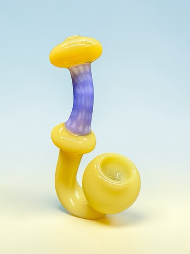 Preview pic of Hand-Blown Sherlock Glass Pipe – Yellow & Purple Art Glass Tobacco Pipe – 5”–6.5”
