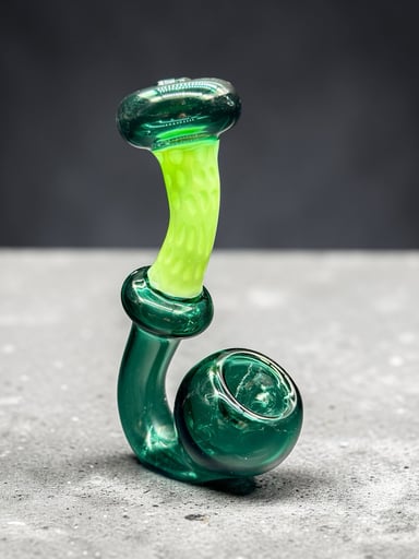 Preview pic of Hand-Blown Sherlock Glass Pipe – Teal & Neon Lime Art Glass Tobacco Pipe – 5”–6.5”
