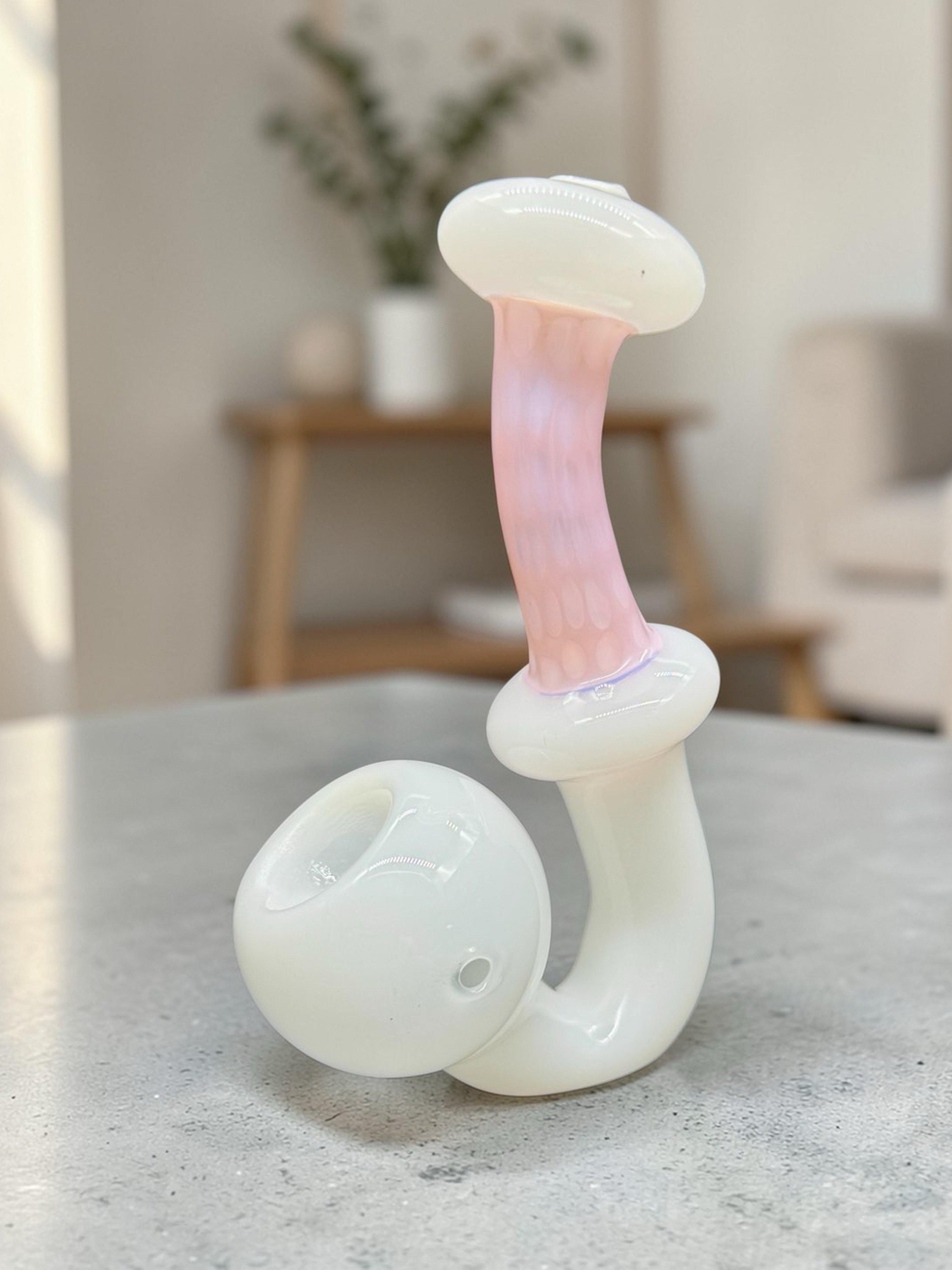 Hand-Blown Sherlock Glass Pipe – Frosted White & Soft Pink Art Glass Tobacco Pipe – 5”–6.5” image 0