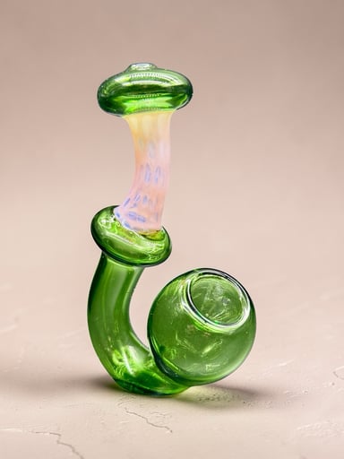Preview pic of Hand-Blown Sherlock Glass Pipe – Emerald Green & Pastel Pink Art Glass Tobacco Pipe – 5”–6.5”