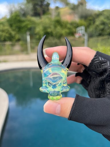 Preview pic of KBerg Green Waves/Jet Black Opal Horn Skull Pendant