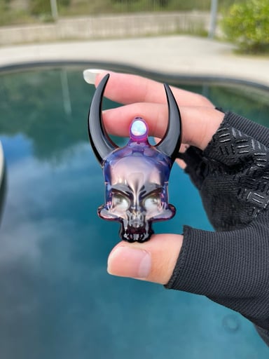 Preview pic of KBerg Amethyst/Electrum/Jet Black Opal Horn Skull Pendant