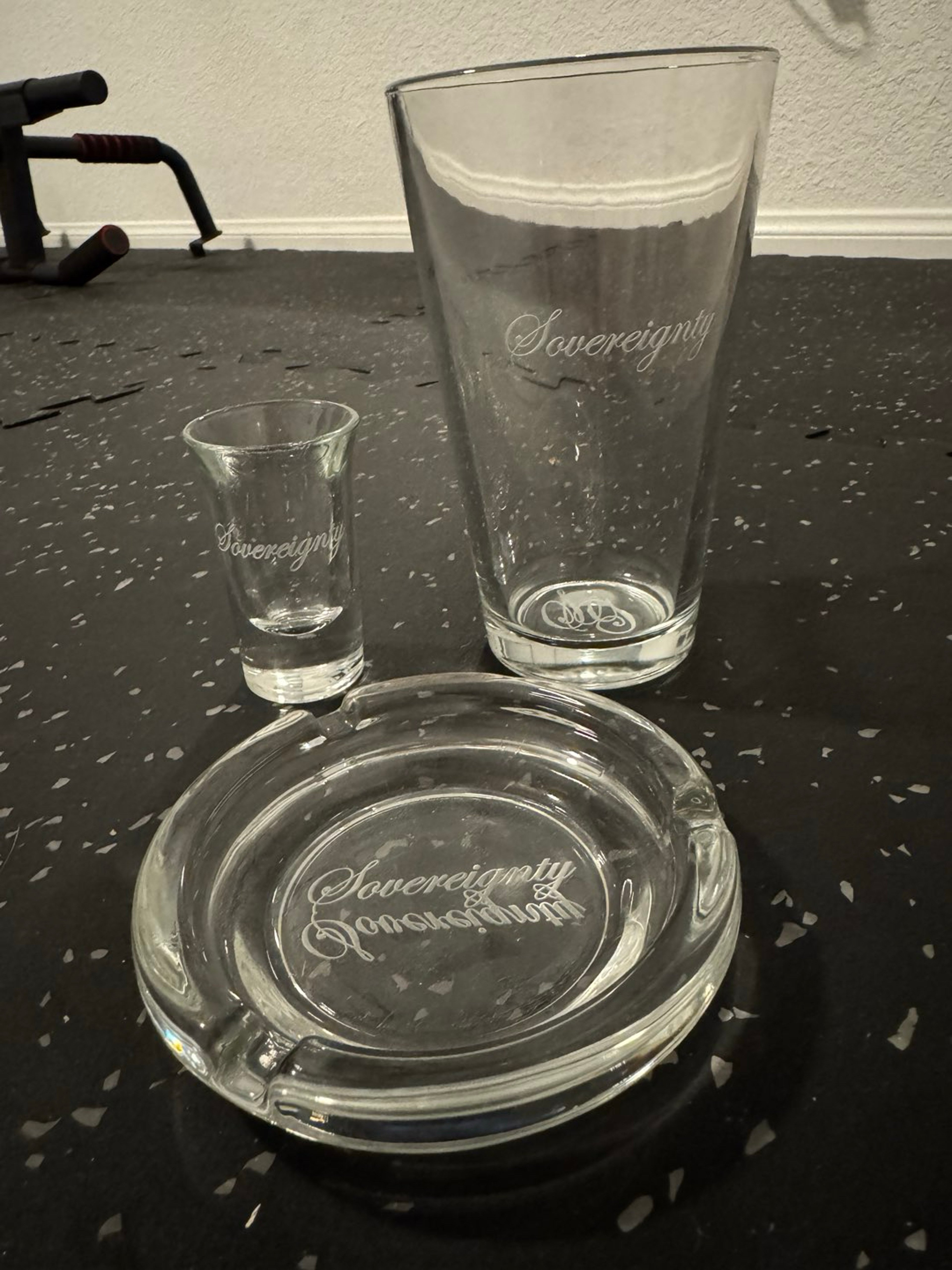 Preview pic of Sovereignty Pint Glass, Shot Glass, and Ash Tray