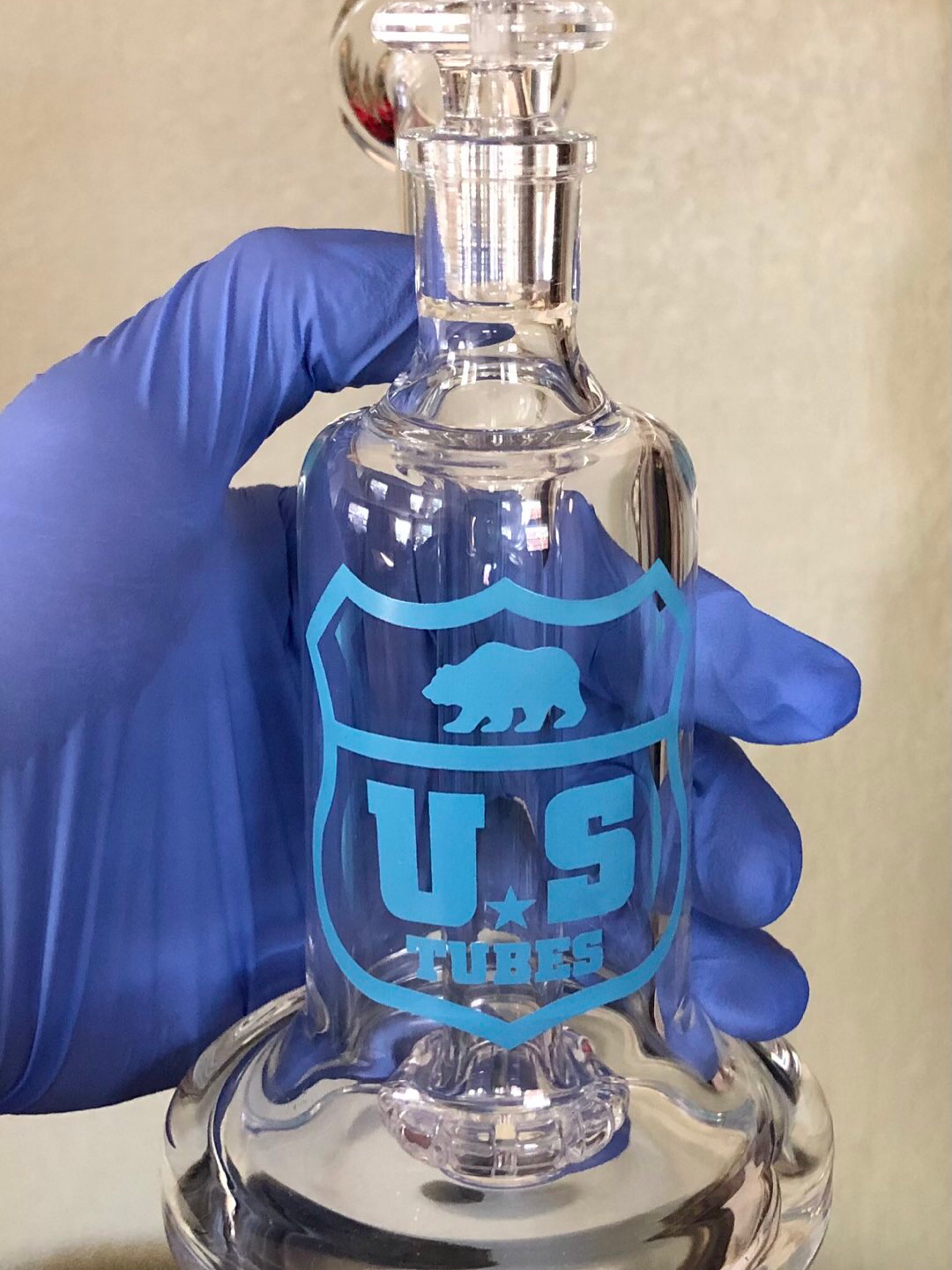 U.S. Tubes 14mm Fixed Showerhead Bubbler - Light Blue Logo - Mint image 0