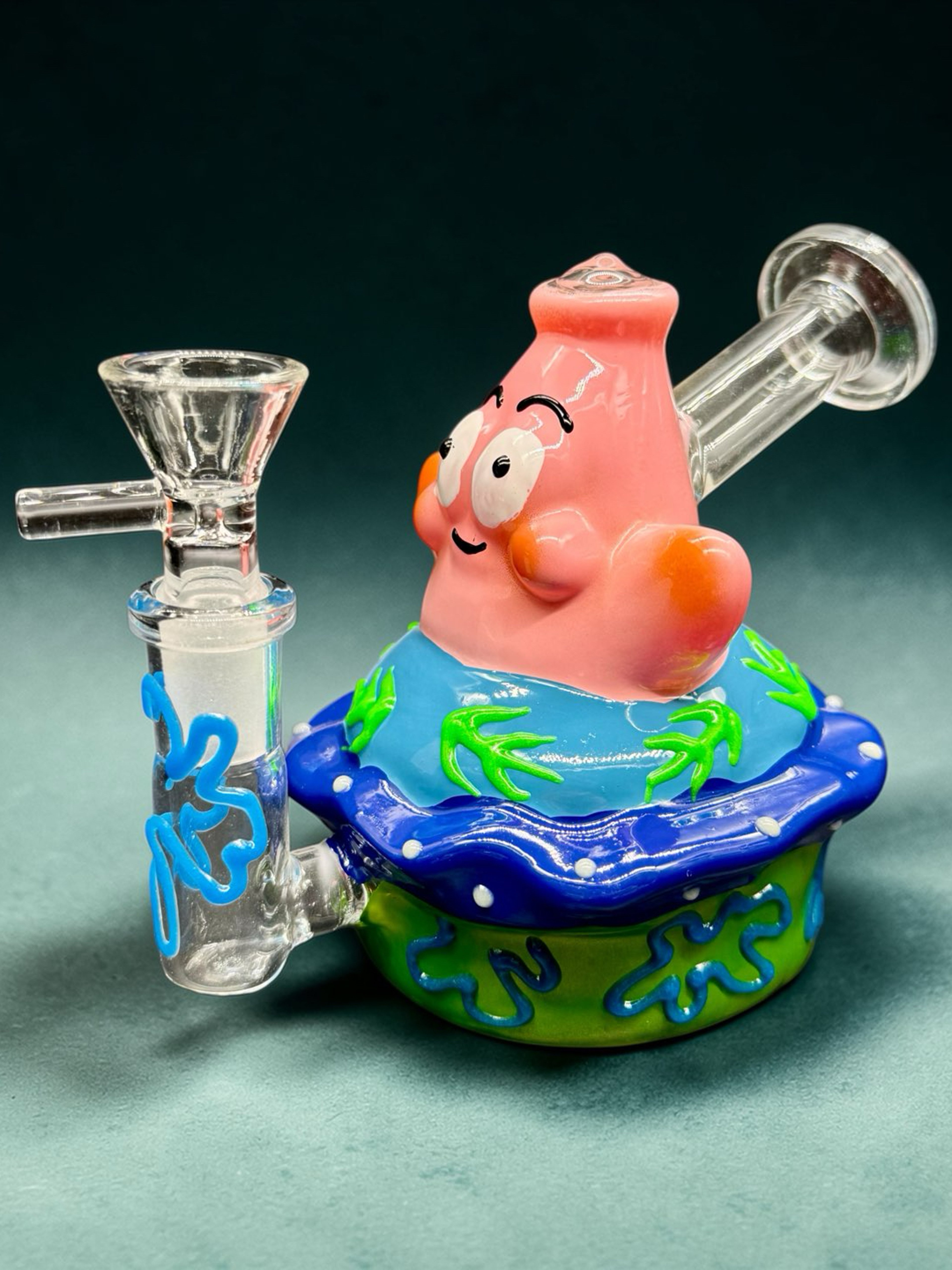 Patrick Star Glow in the Dark Mini Glass Bong 4” – 4.5” Dab Rig with 14mm Bowl & Quartz Banger image 0