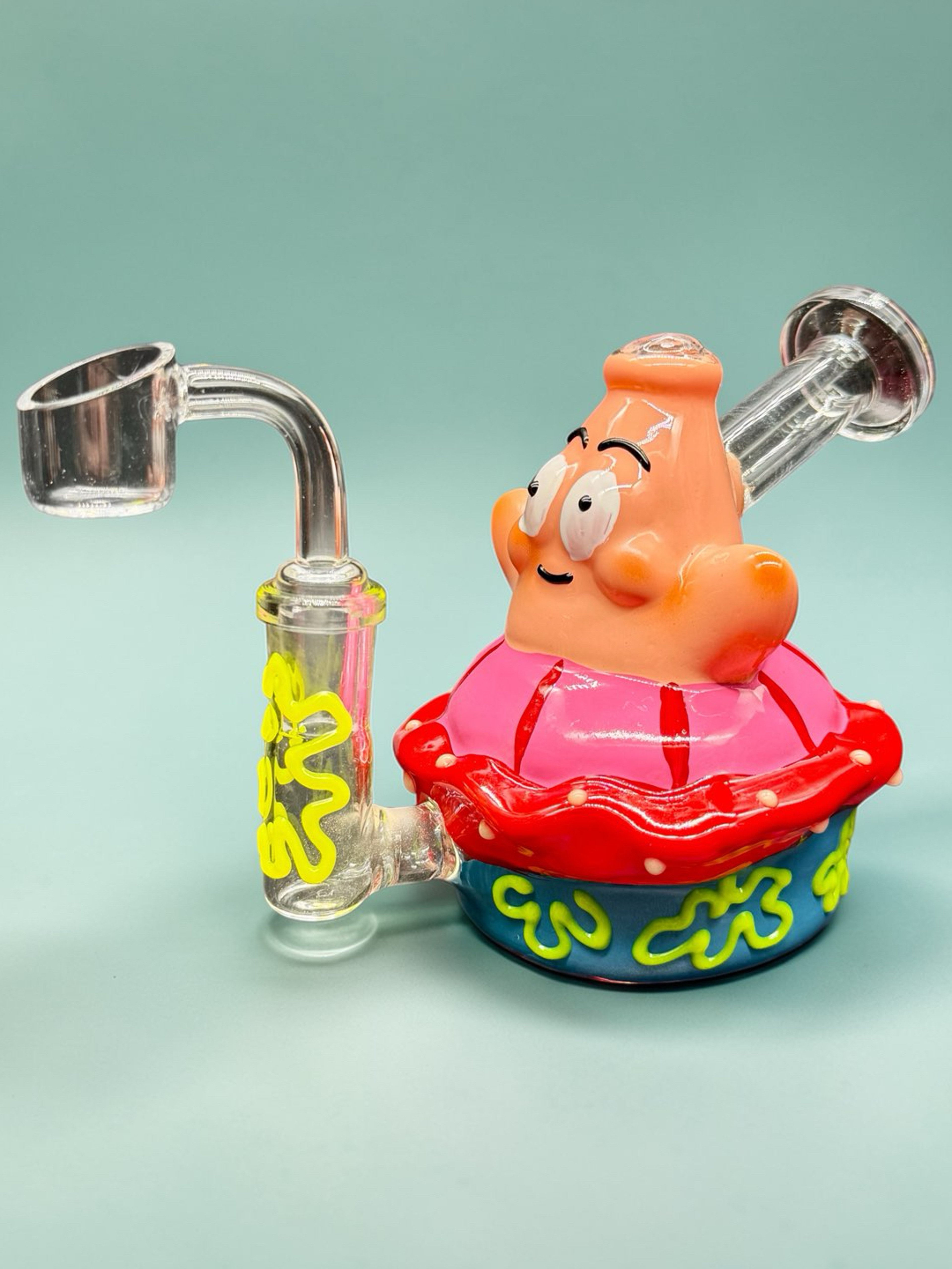 Patrick Star Glow in the Dark Mini Glass Bong 4” – 4.5” Dab Rig with 14mm Bowl & Quartz Banger (Red/Pink) image 0