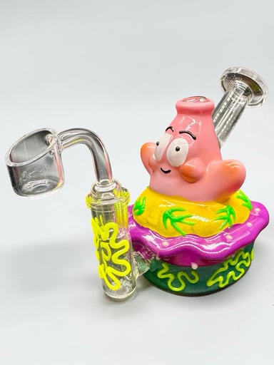 Preview pic of Patrick Star Glow in the Dark Mini Glass Bong 4” – 4.5” Dab Rig with 14mm Bowl & Quartz Banger (Yellow/Purple)