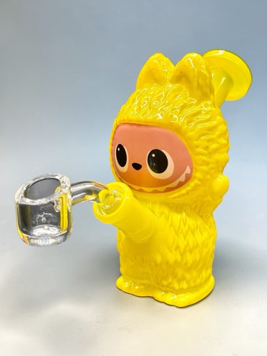 Preview pic of Mini 5” Yellow Character Dab Rig Water Pipe – 14mm Glass Rig with Quartz Banger & Dry Herb Bowl