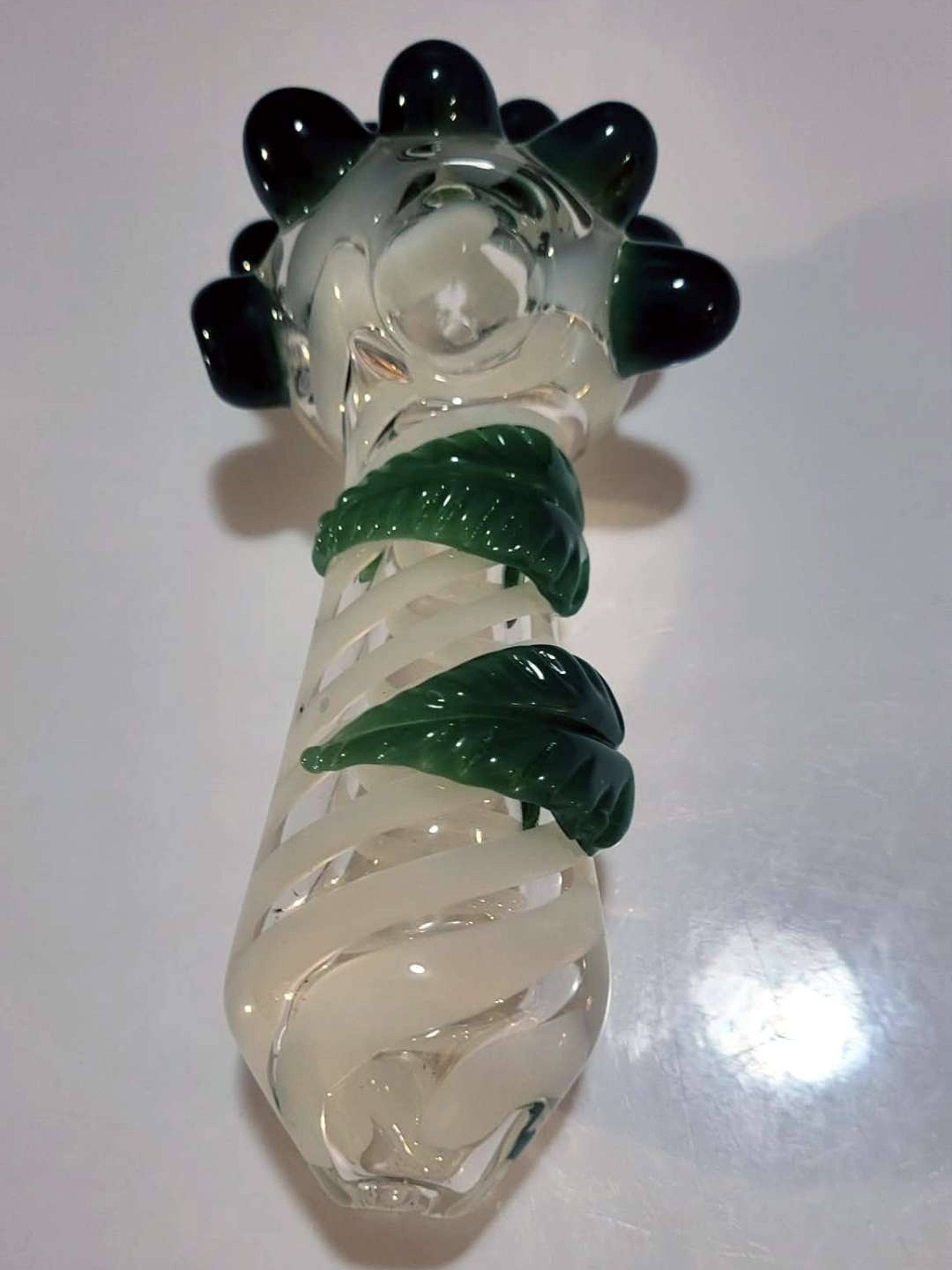 Preview pic of Thick Glass Leaf Pipe, Green Accents, Nature Inspired Spoon