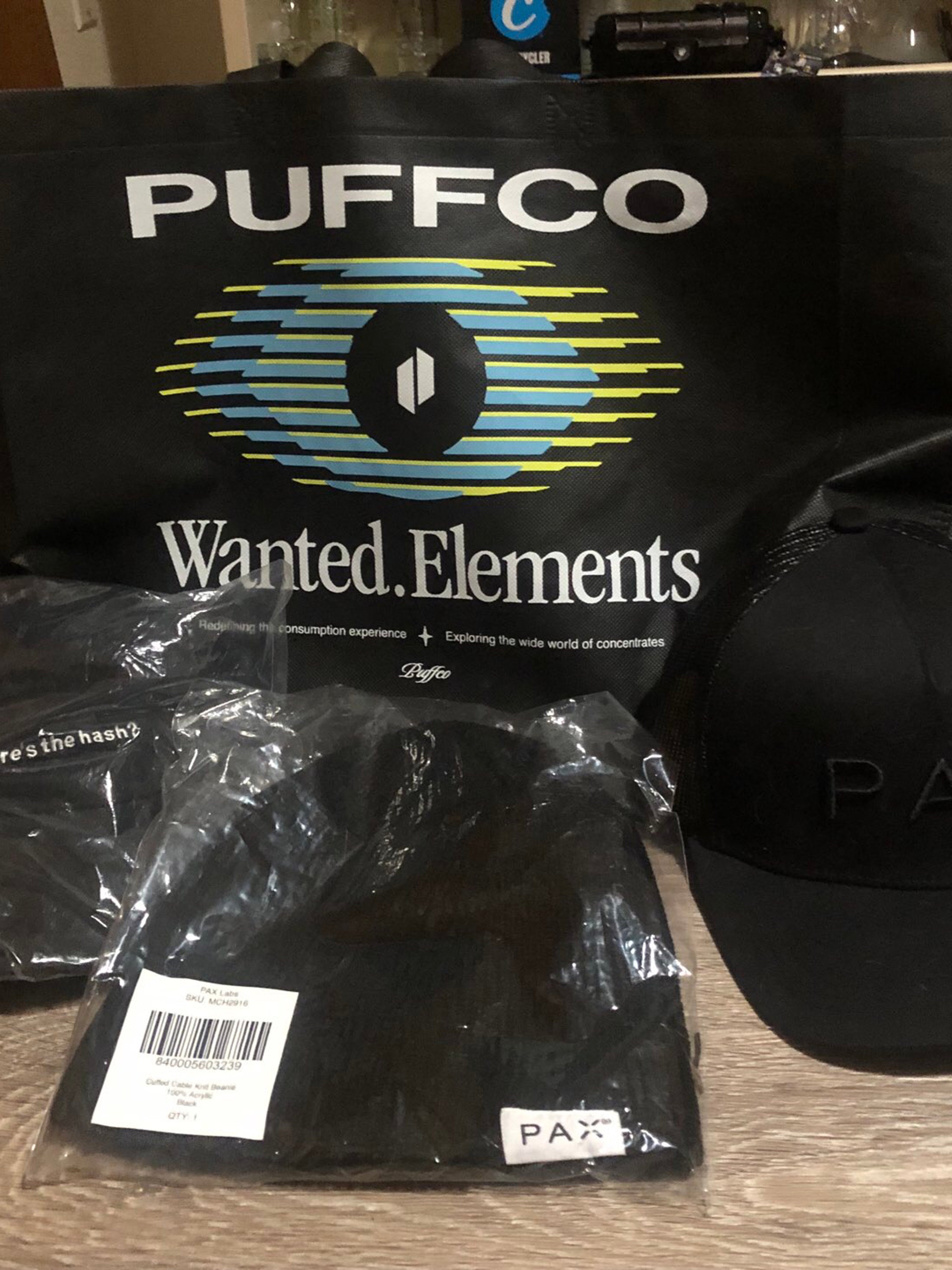 Preview pic of Puffco x PAX 4-Piece Collector Merch Bundle - Wanted Elements Tote + Hash V2 Hat + PAX Beanie & Snapback - NIB