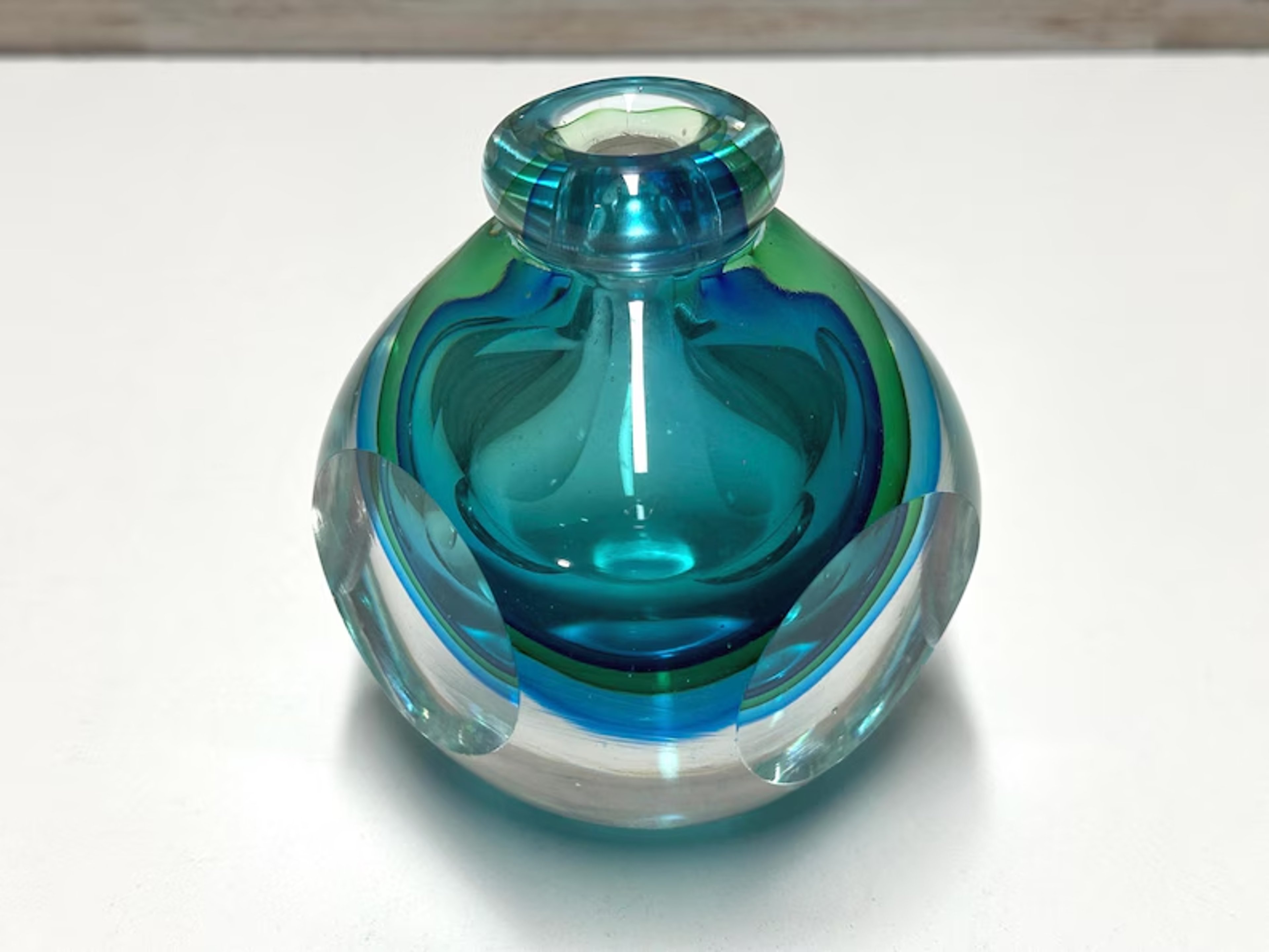 Preview pic of Blue Green Sommerso Glass Bottle Murano Art Glass Vase Handblown Decorative Bottle Italian Glass Collectible Home Decor Accent