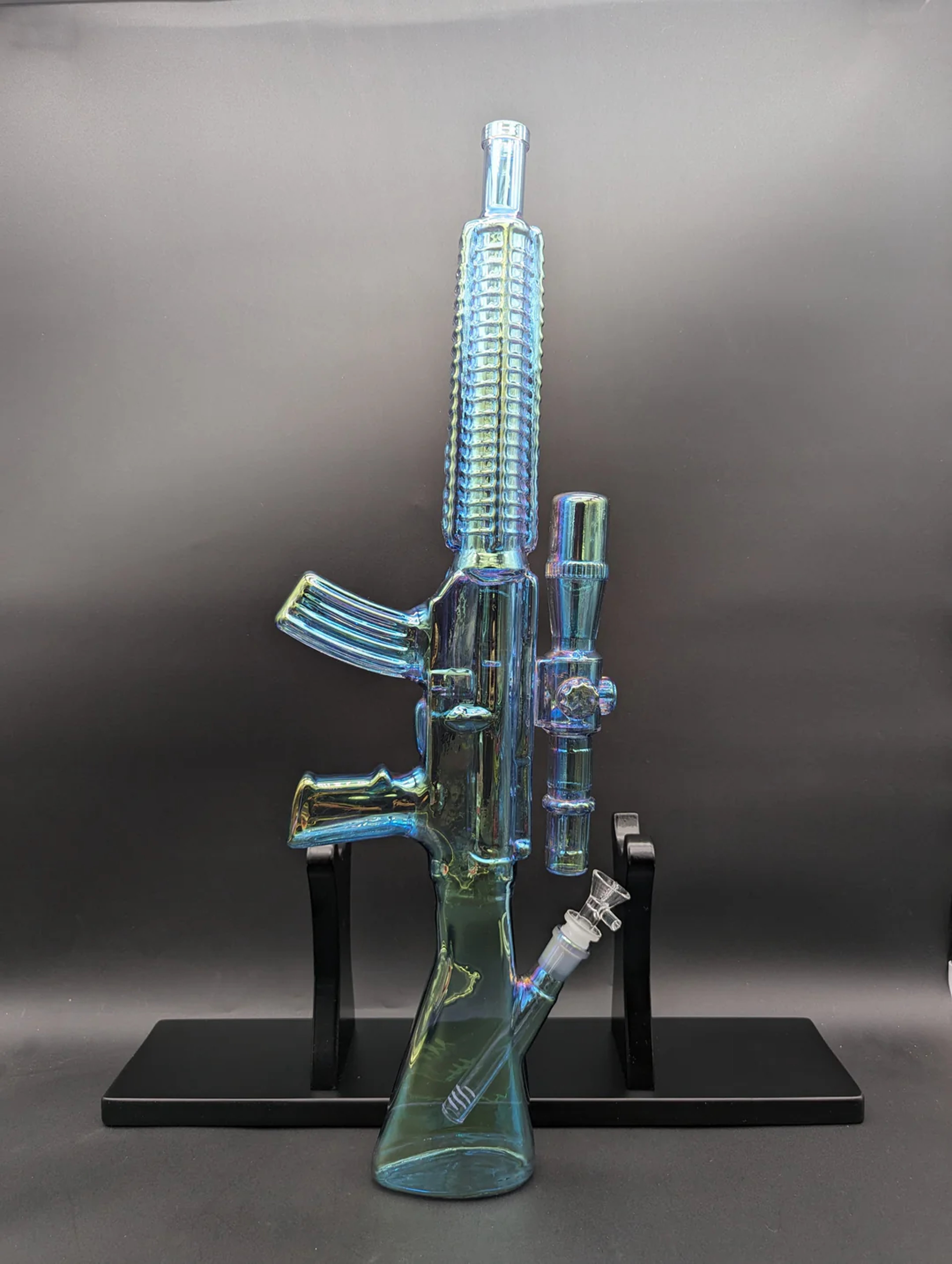 Preview pic of ELECTROPLATED AR-15 GLASS BONG W/ WOOD STAND