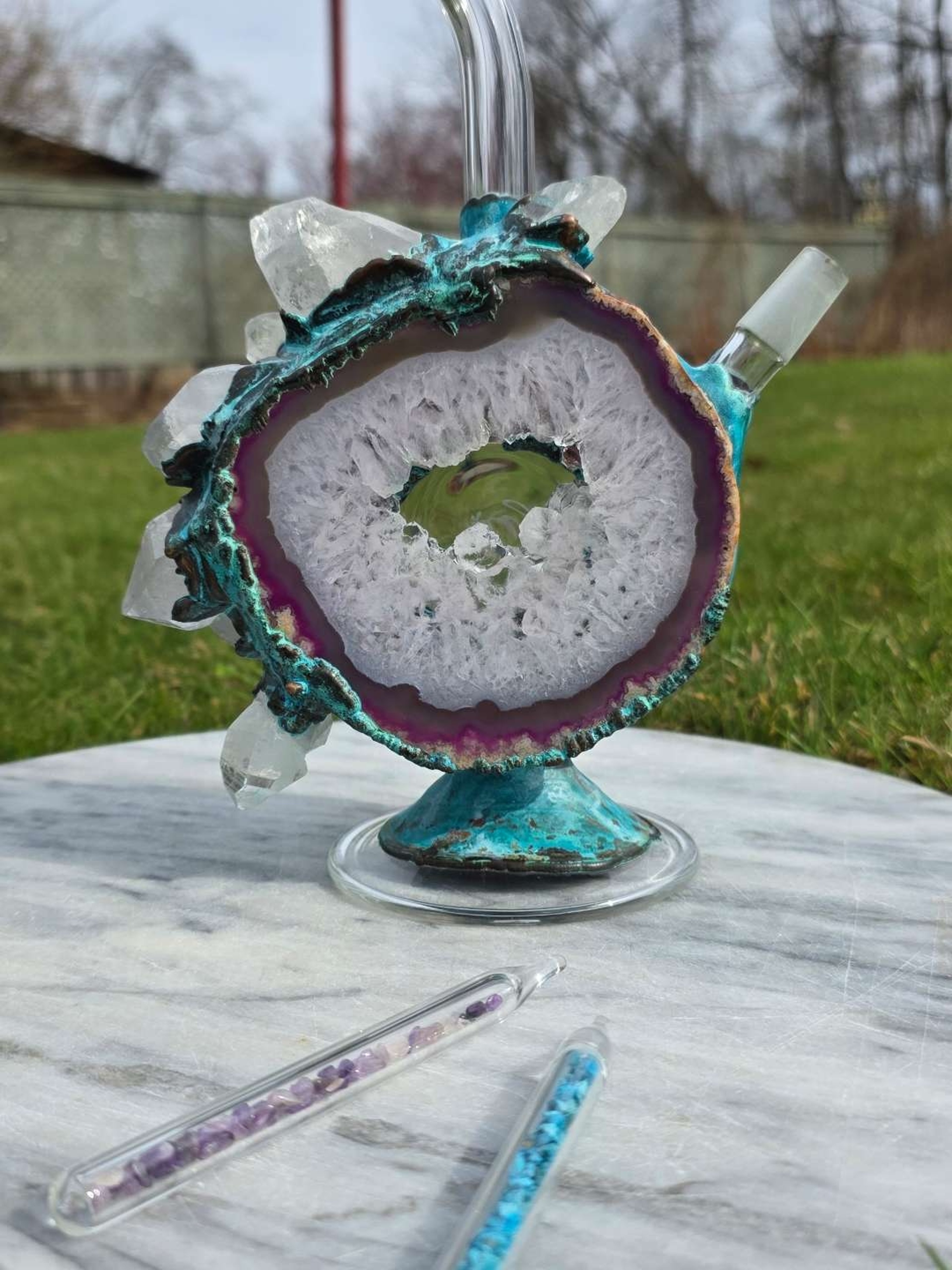 Preview pic of Authentic Envy Glass Custom Mineral Rig – Electroformed Copper & Agate Geode