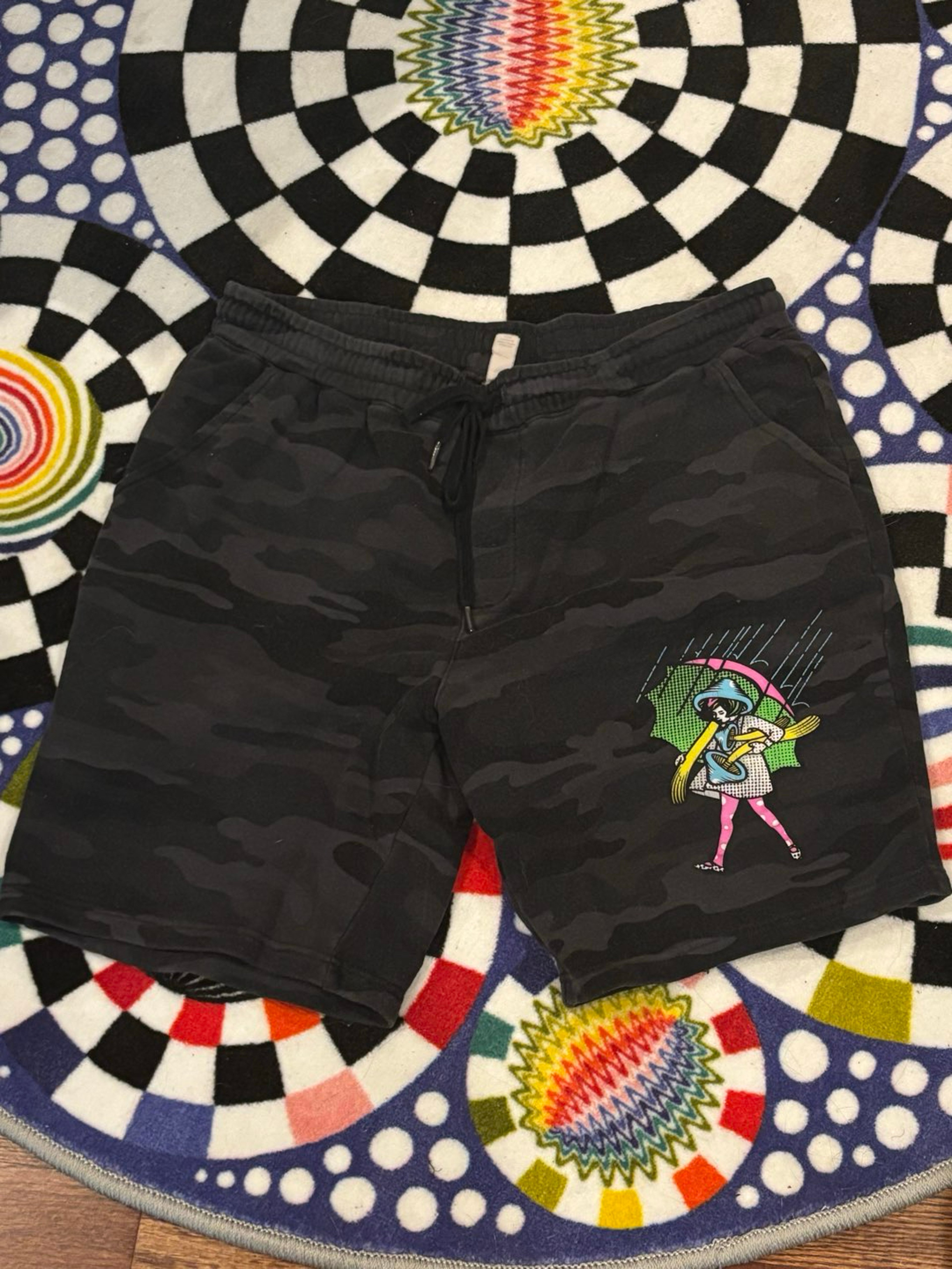 Preview pic of Slinger mushroom assault girl uv reactive black camo shorts sz large