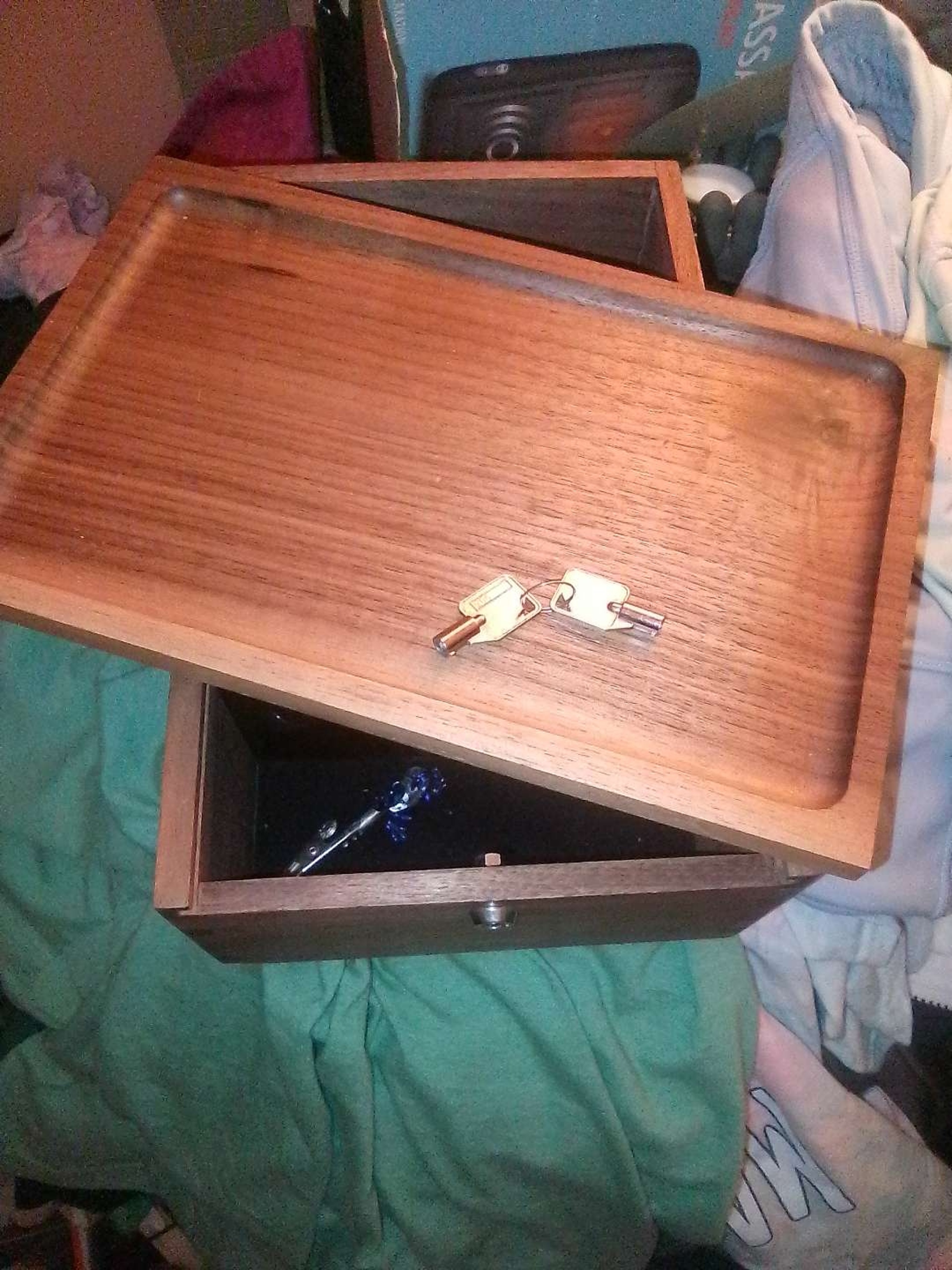 Preview pic of Marley natural wood grain black walnut storage box with lock and key