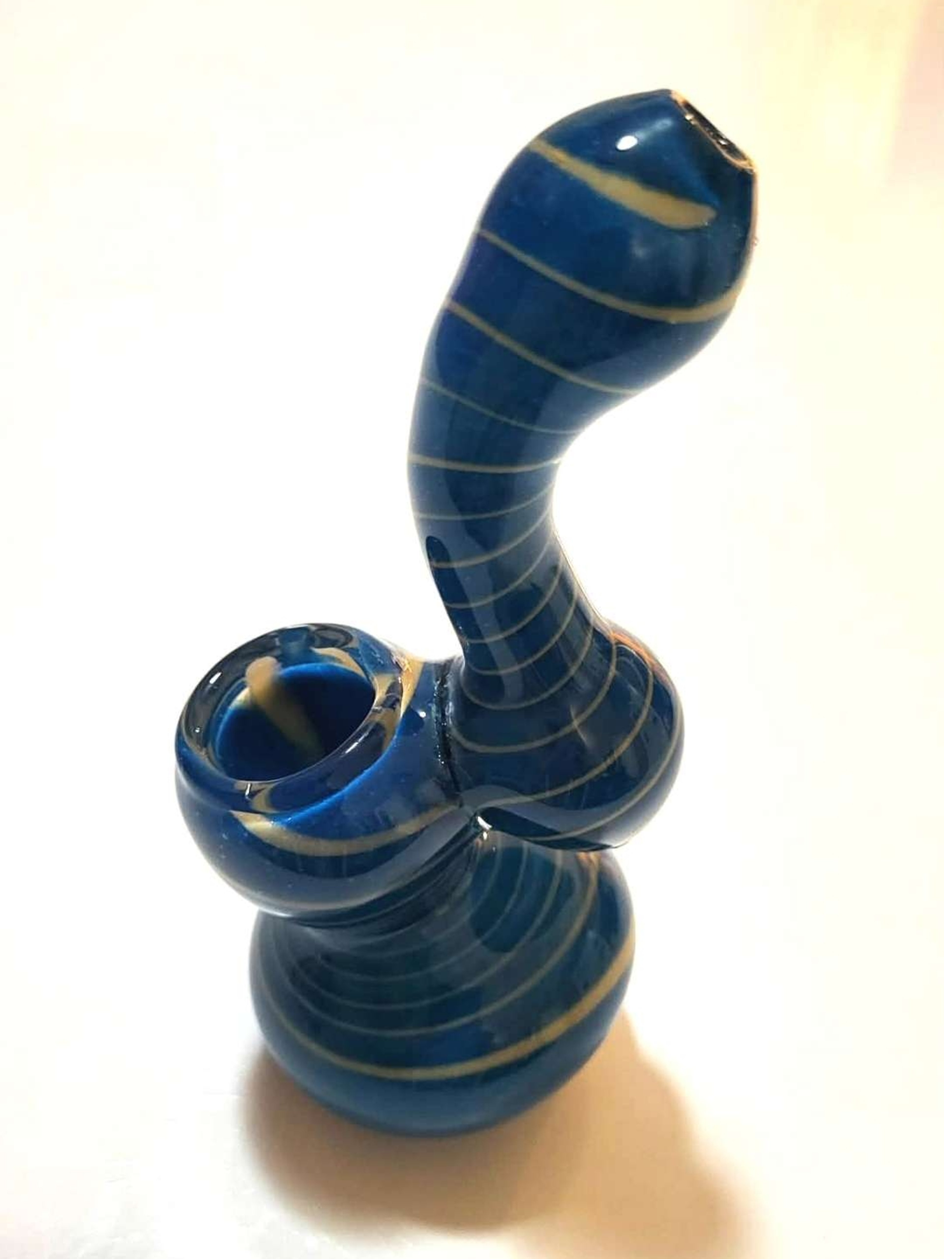 Preview pic of Blue & Yellow Swirl Glass Bubbler, Clean Curve, Smooth Draw
