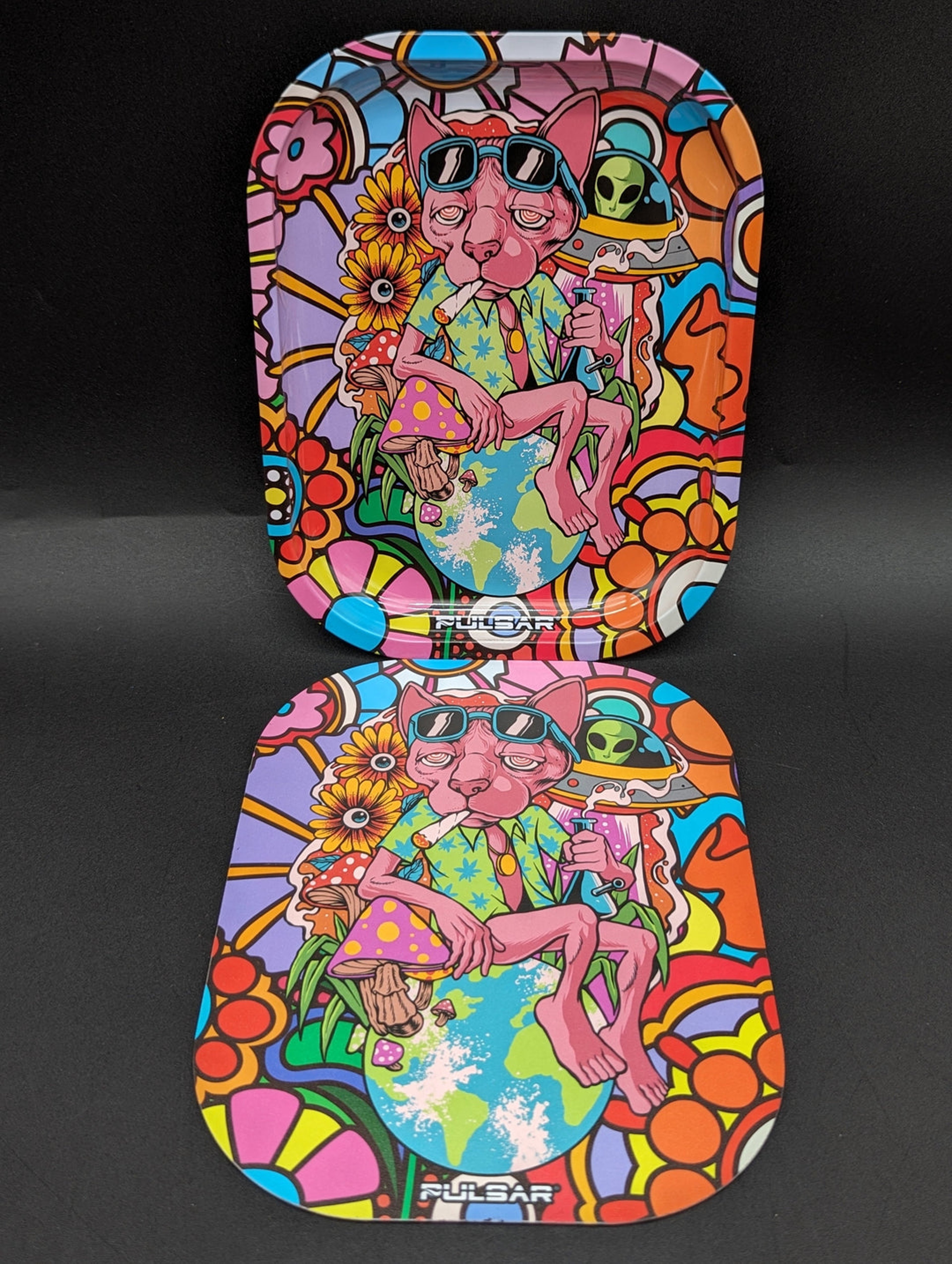 Preview pic of PULSAR MINI METAL ROLLING TRAY W/ LID | CHILL CAT | 7" X 5.5"