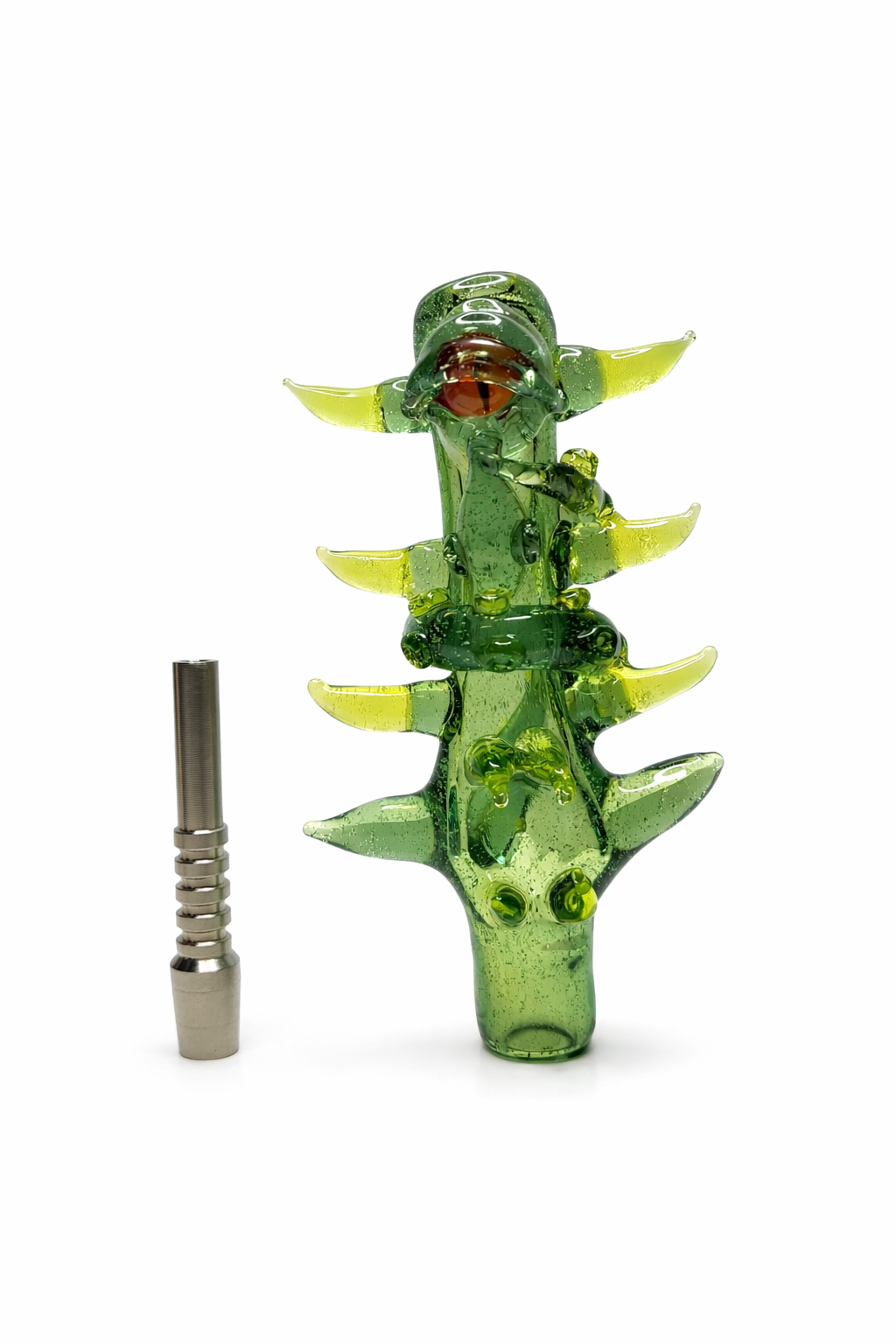 Preview pic of Green Heady Glass Creature Nectar Collector w/ Titanium Tip – Sculpted Dab Straw