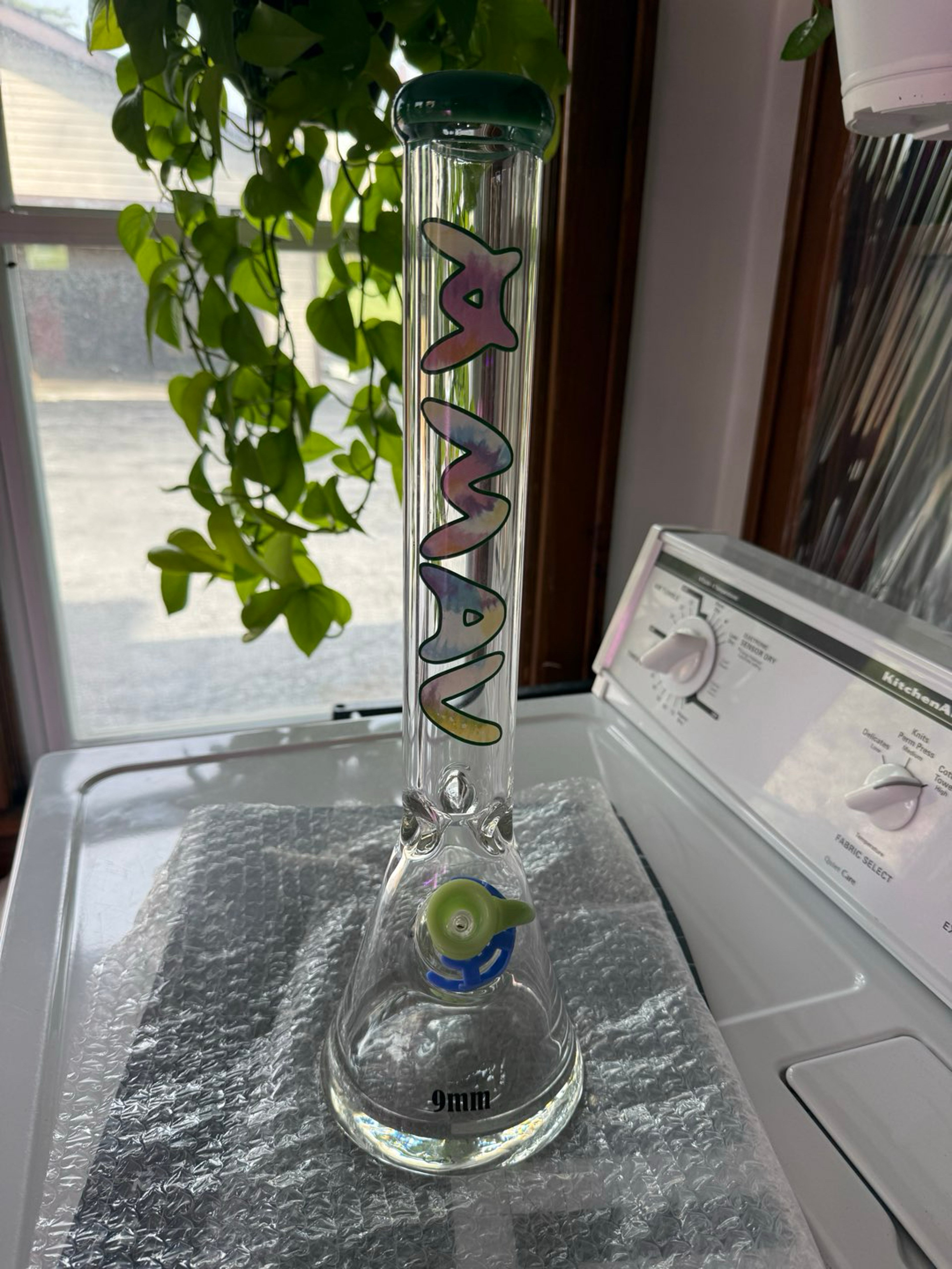 Preview pic of Mav glass tie dye 18” logo 9mm thick beaker includes Mav slide Downstem and clip