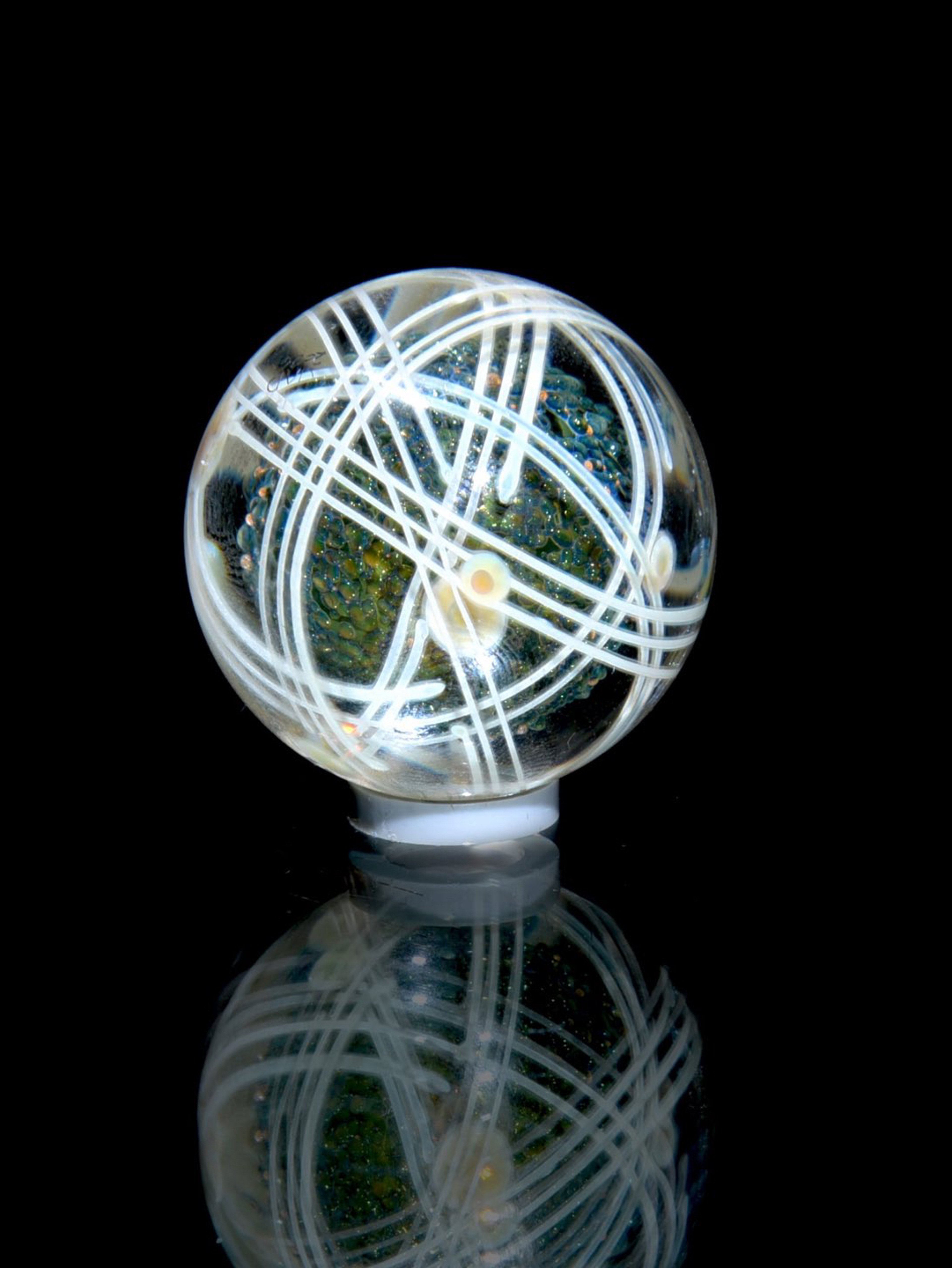 Preview pic of Badback Glass - .991” Marble - "Lines on Lines" Double Layer Fume Stripe & Millie Swirls w/ Fume Metallic Core