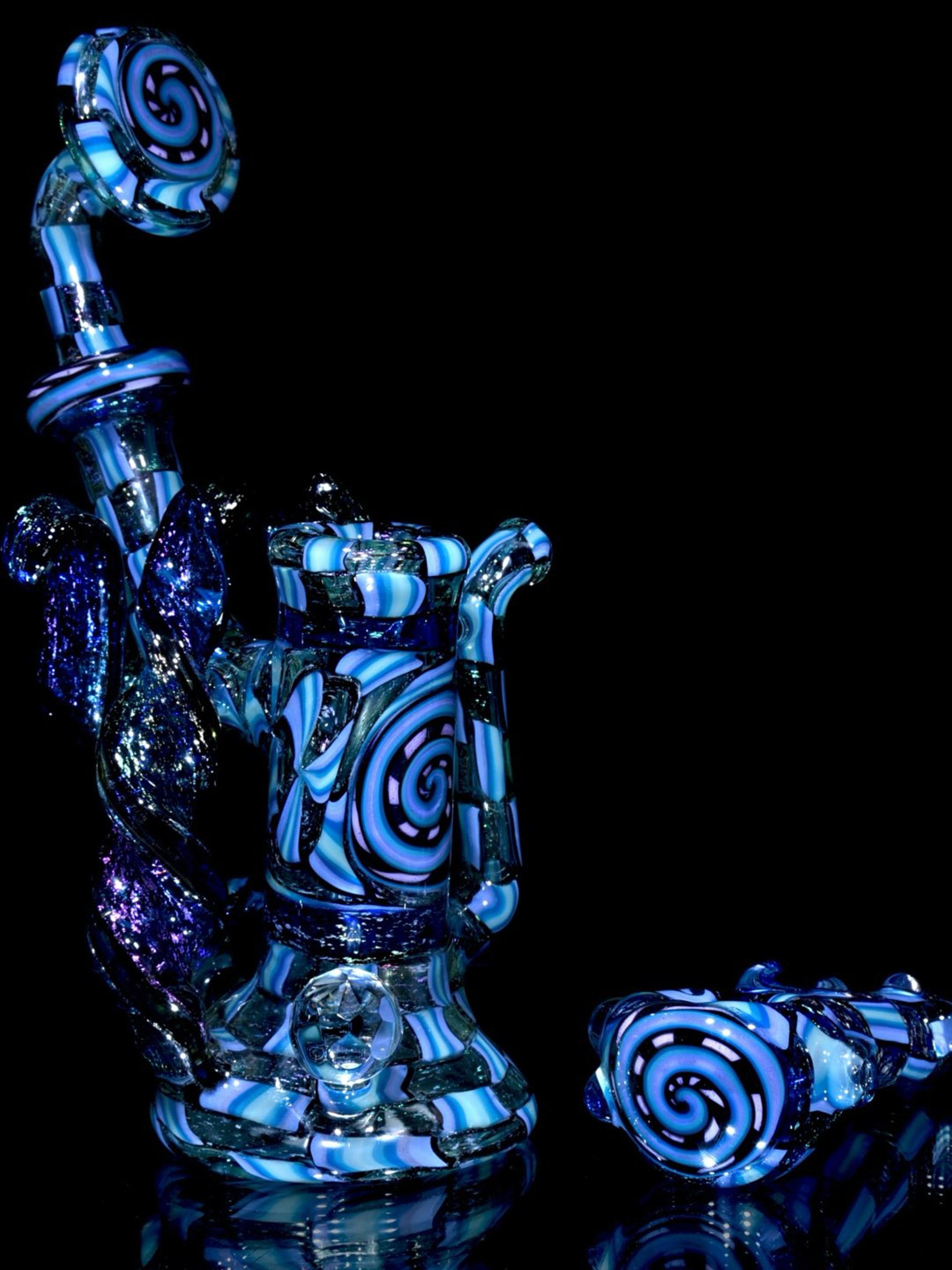 Preview pic of Jeff Green - Fully-worked Dichroic Staircase & Chipstack Snorkel Bubbler w/ Matching Spoon Set