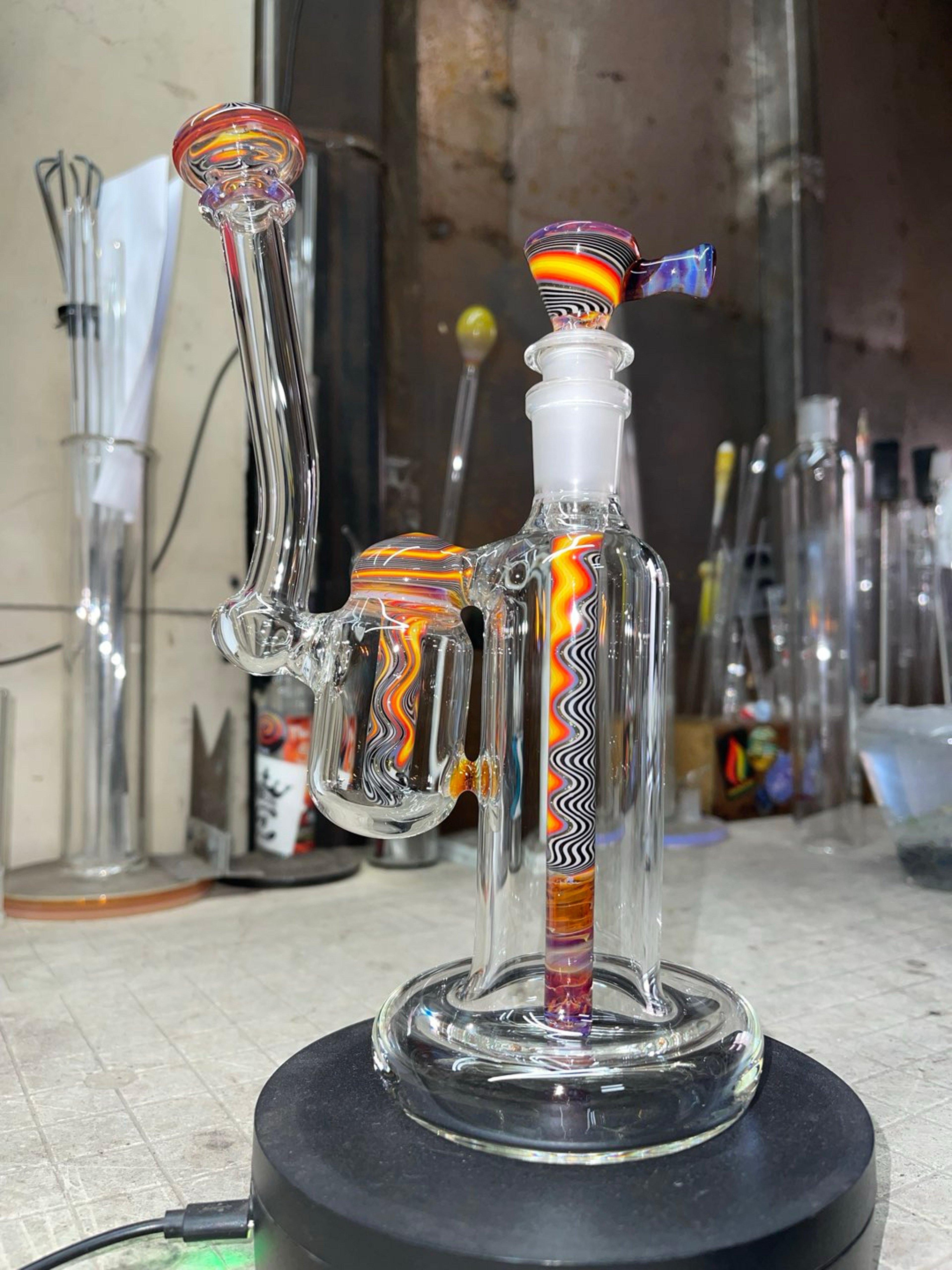 Preview pic of 9.75” tall 14mm 2 holes slide gridded steam, amber purple accents