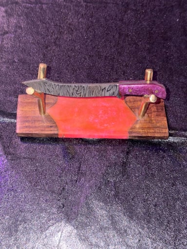 Preview pic of Hand-Crafted Mini Damascus Knife Tool + Custom Wood/Resin Stand 🔪🍯
