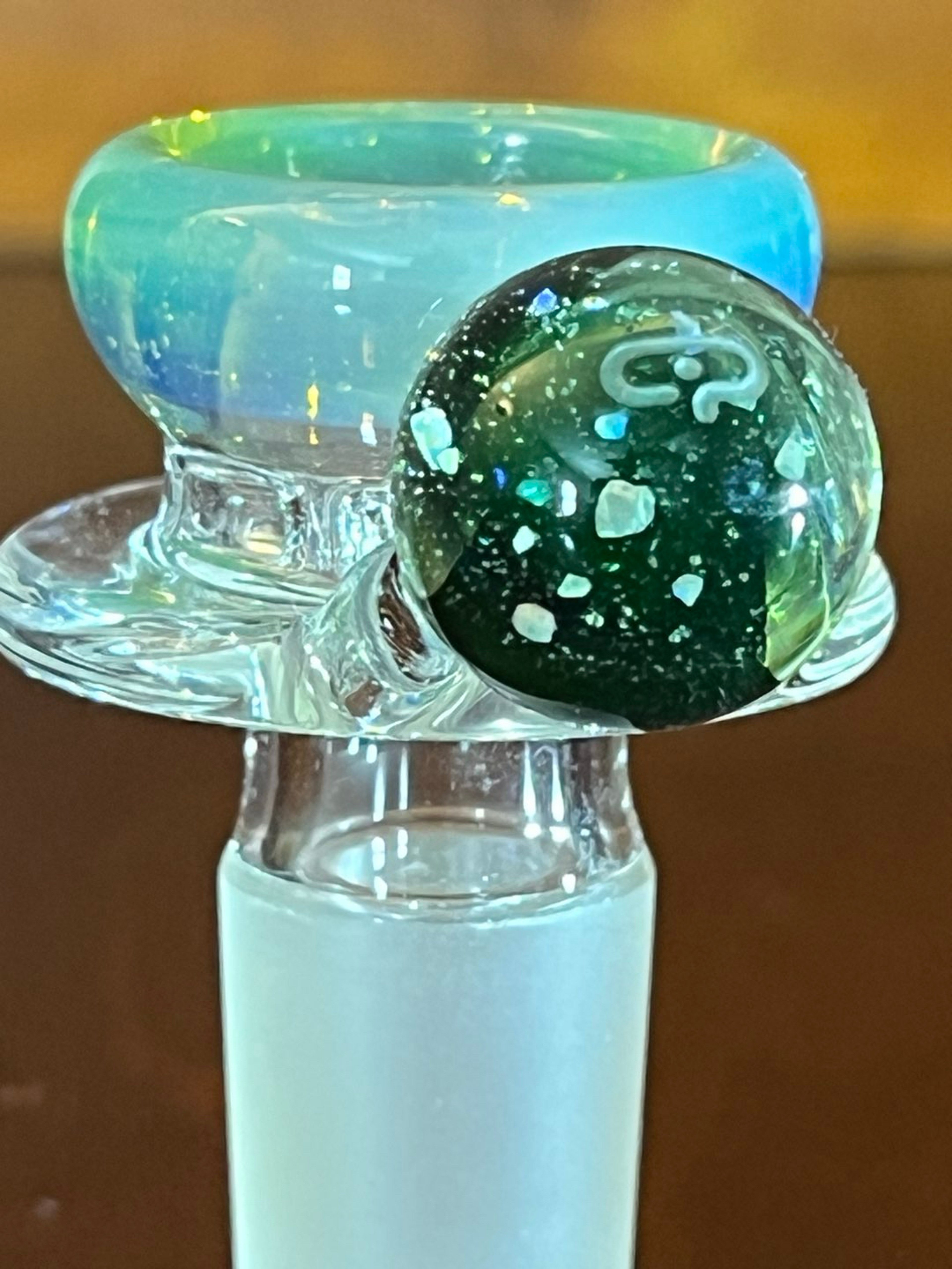 Preview pic of Mobius Slide Multi-Hole 18mm Bowl Worked with Crushed Opal UV Handle and Cold Worked Collar