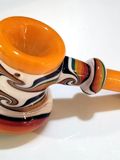 Preview pic of Art Glass Hammer Featuring Bold Orange Bowl & Tight Multicolor Spiral Linework