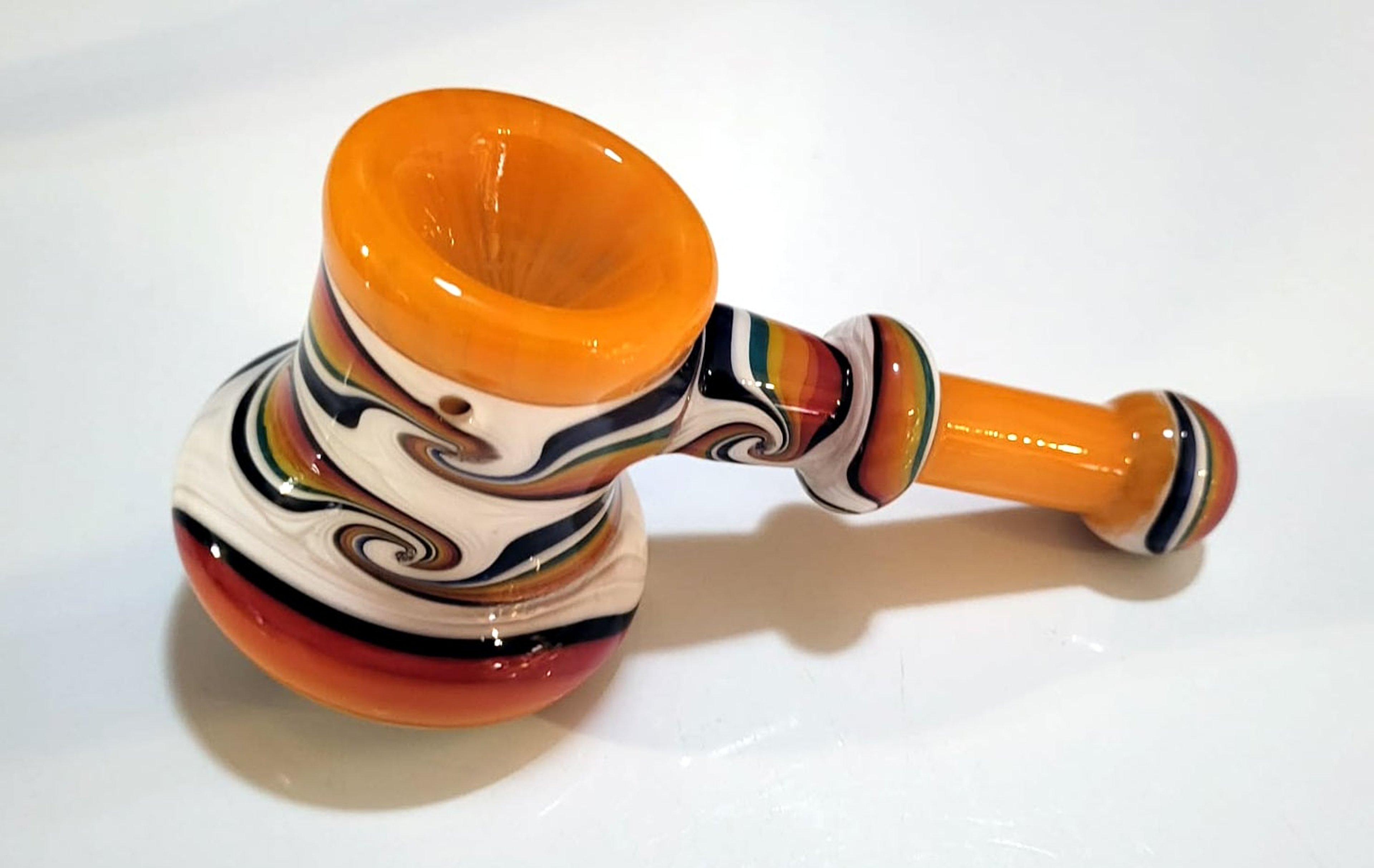 Preview pic of Art Glass Hammer Featuring Bold Orange Bowl & Tight Multicolor Spiral Linework