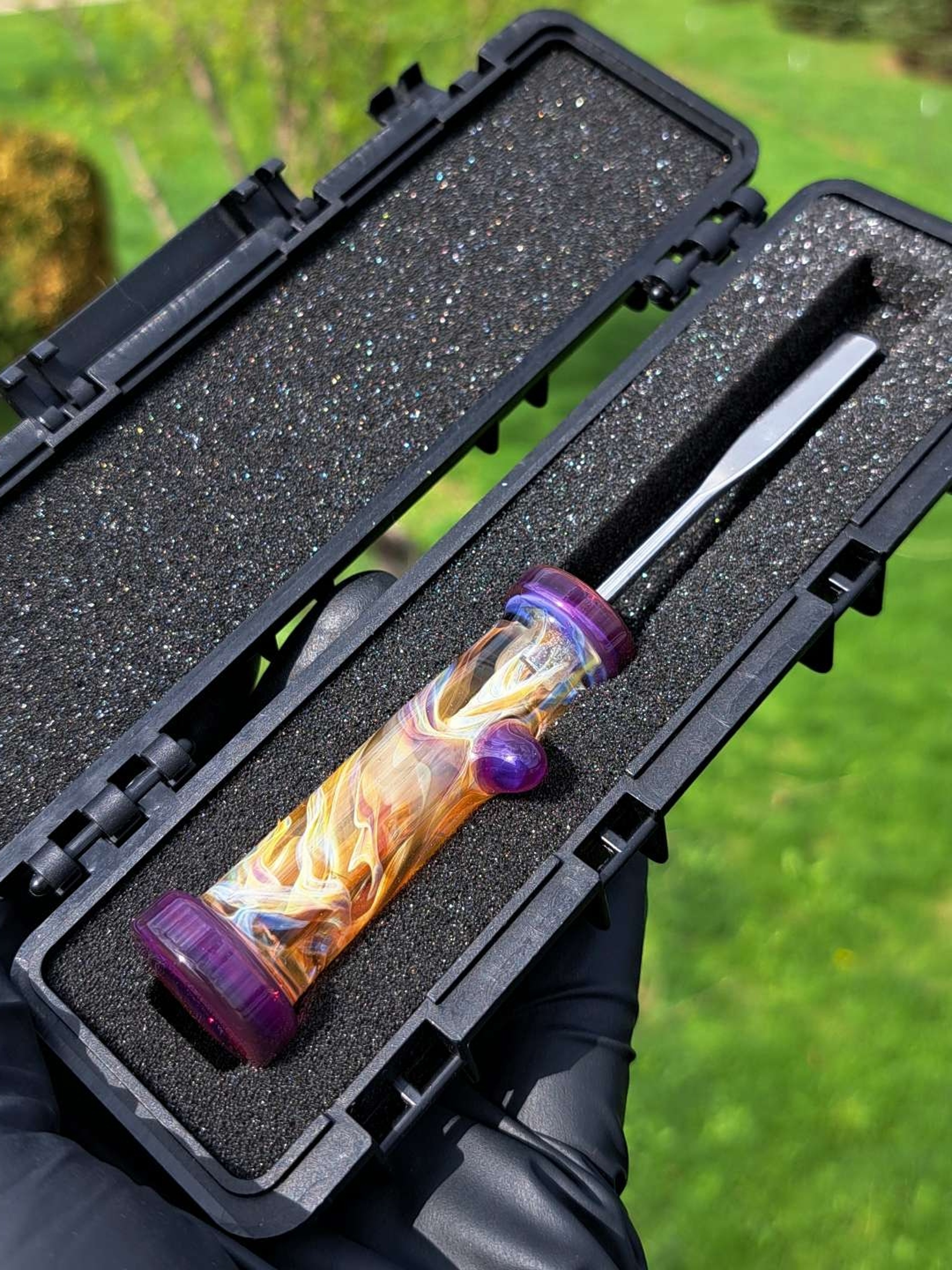 Preview pic of Glass handle dab tool with case amber purple chaos