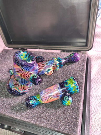 Preview pic of Andy g glass Hammer Chillum set UV Reticello