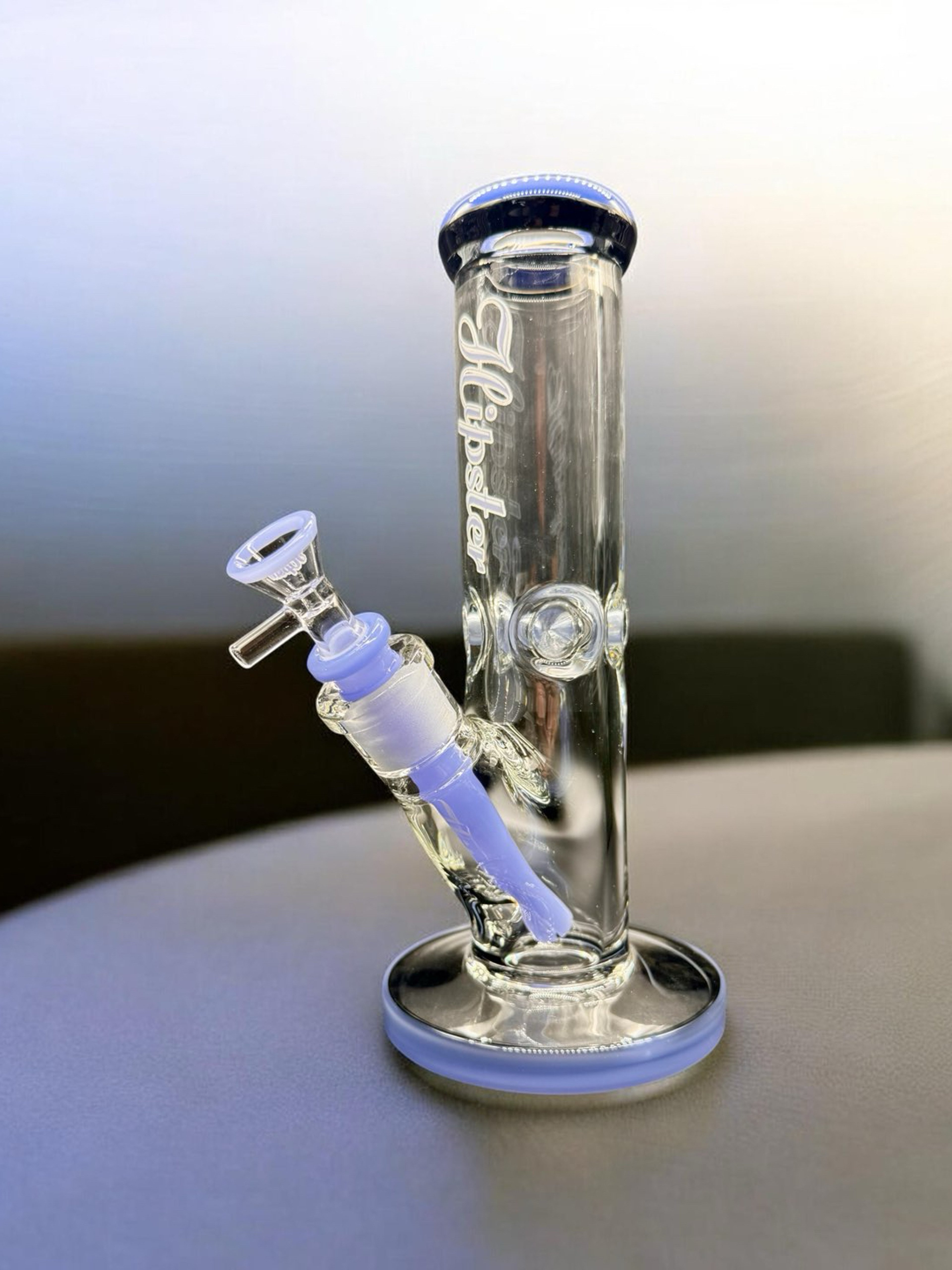 Preview pic of Hipster 10” Glass Bong w/ 14mm Slide & Downstem – Blue Glow Accent